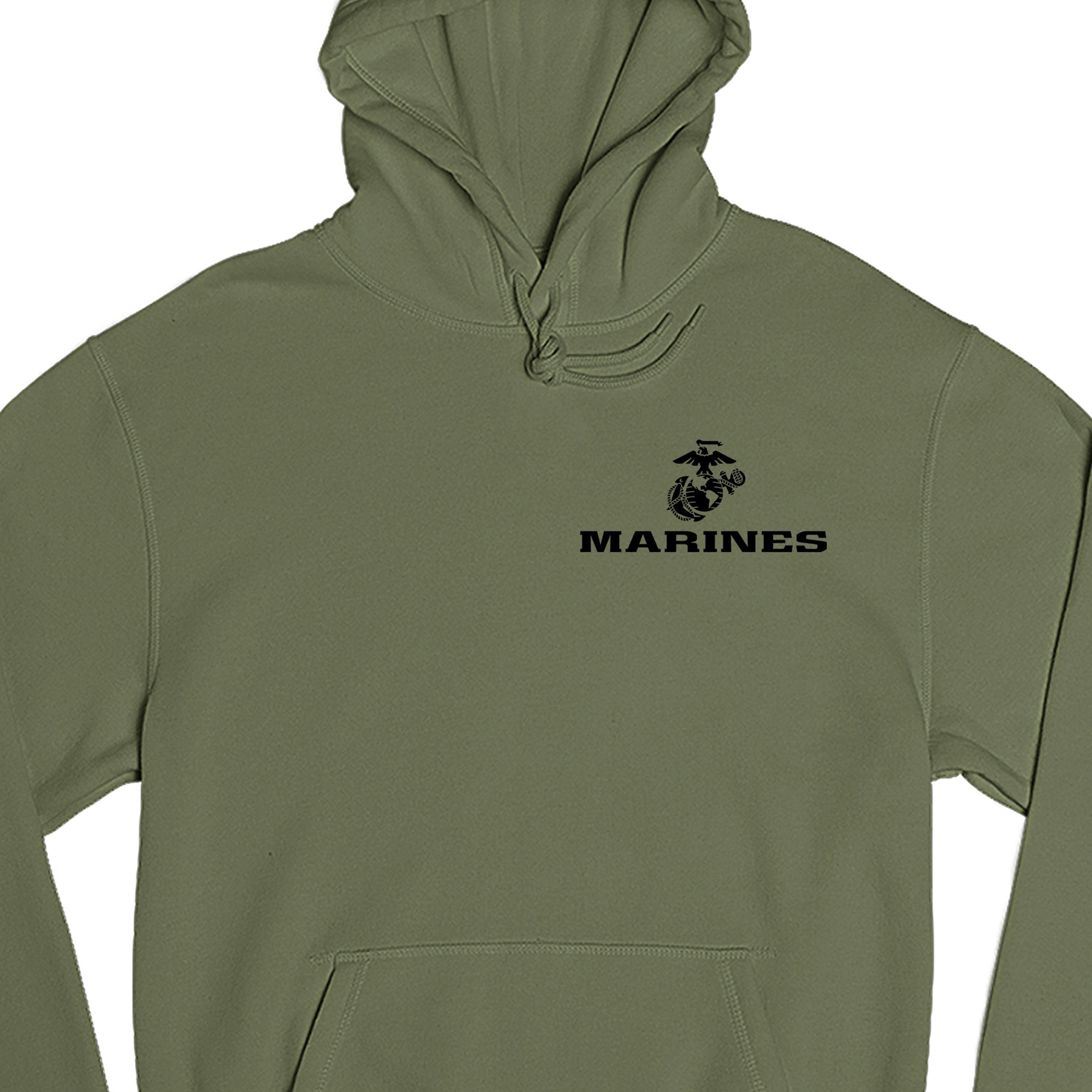 Green USMC hoodie with Eagle Globe Anchor chest seal and MARINES text
