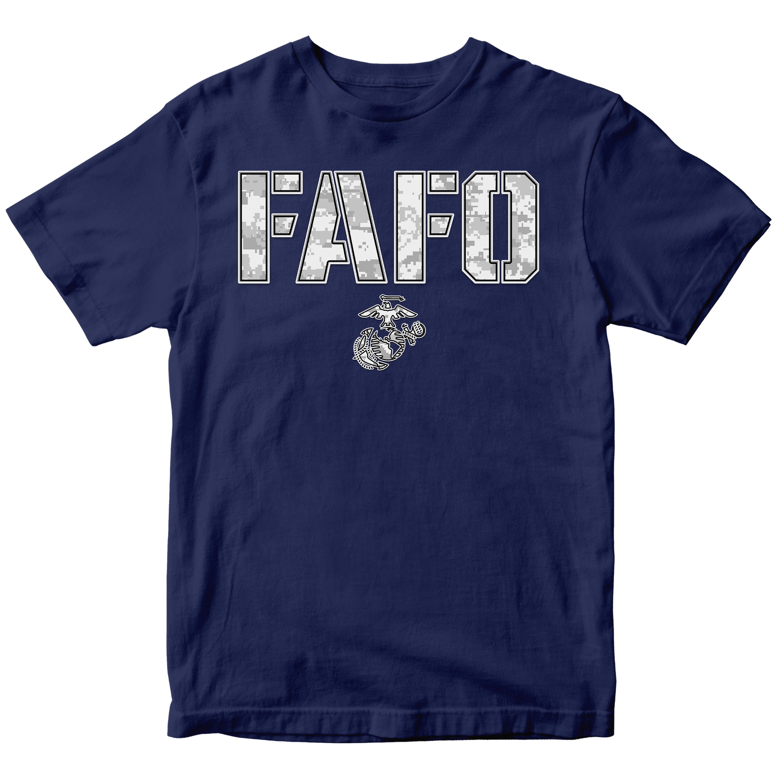 Navy Blue FAFO arctic camo T-shirt with camouflage lettering and Eagle Globe and Anchor