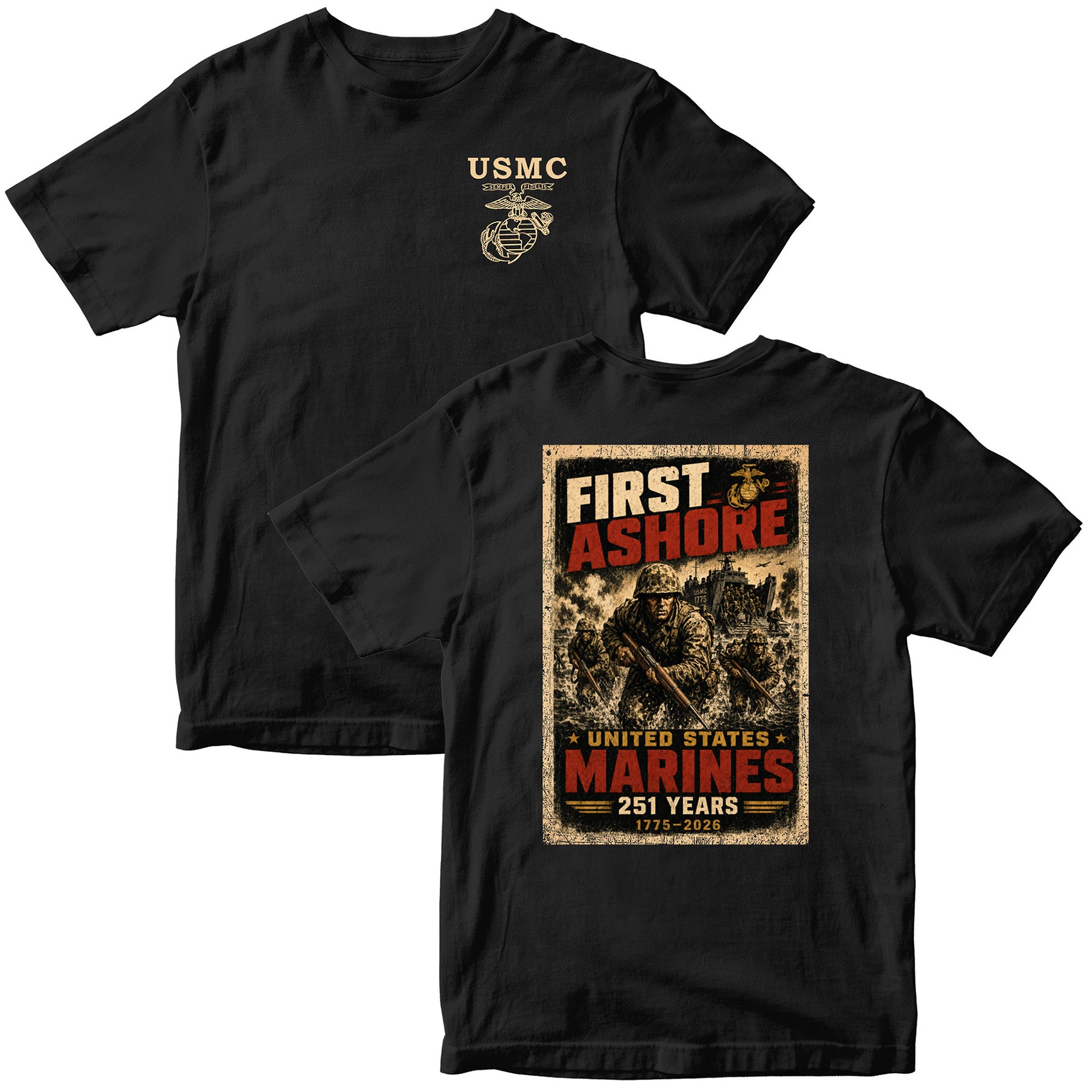 Black USMC 251st Birthday First Ashore T-shirt with Marines landing graphic, 1775–2026 anniversary design, and Old School EGA chest seal
