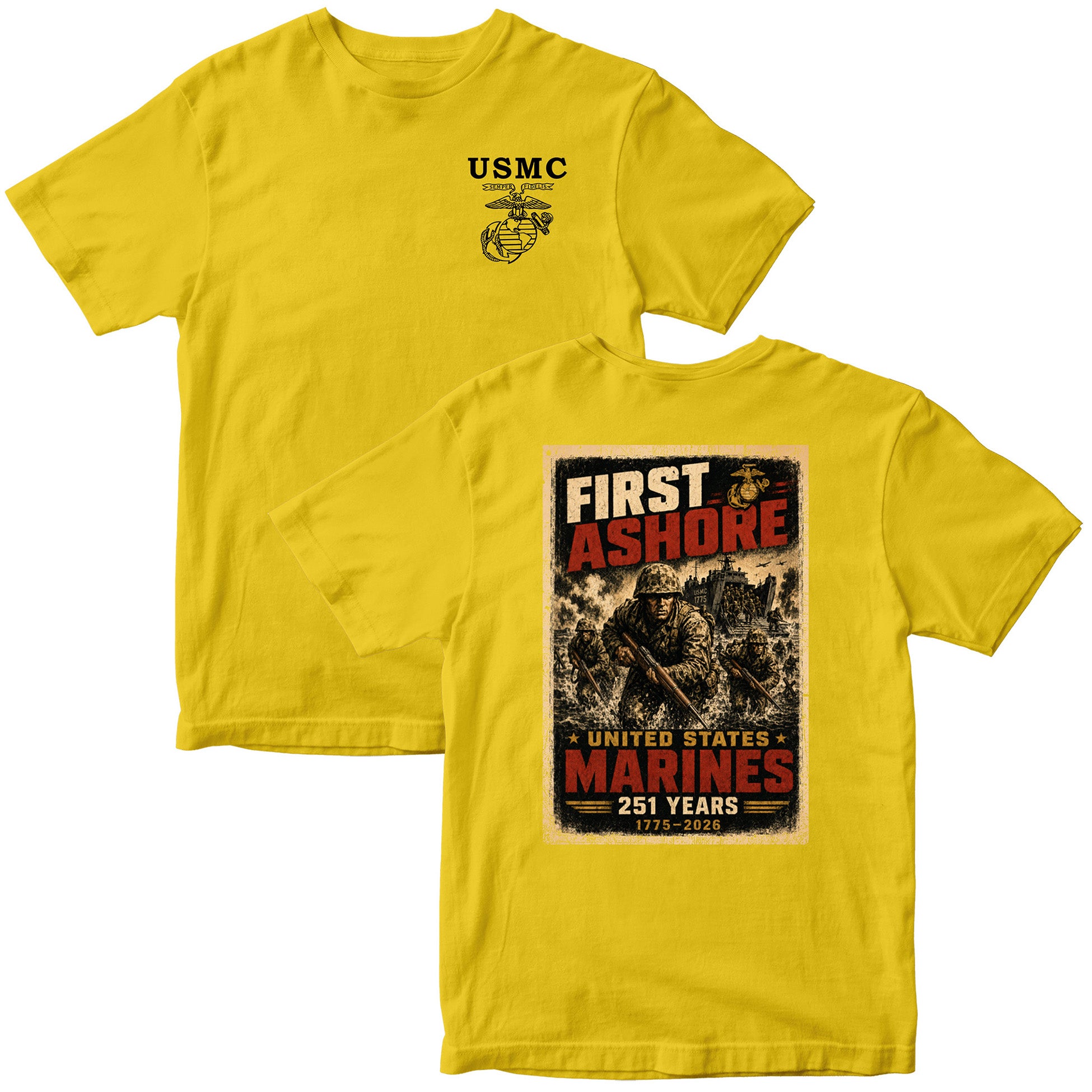 Gold USMC 251st Birthday First Ashore T-shirt with Marines landing graphic, 1775–2026 anniversary design, and Old School EGA chest seal