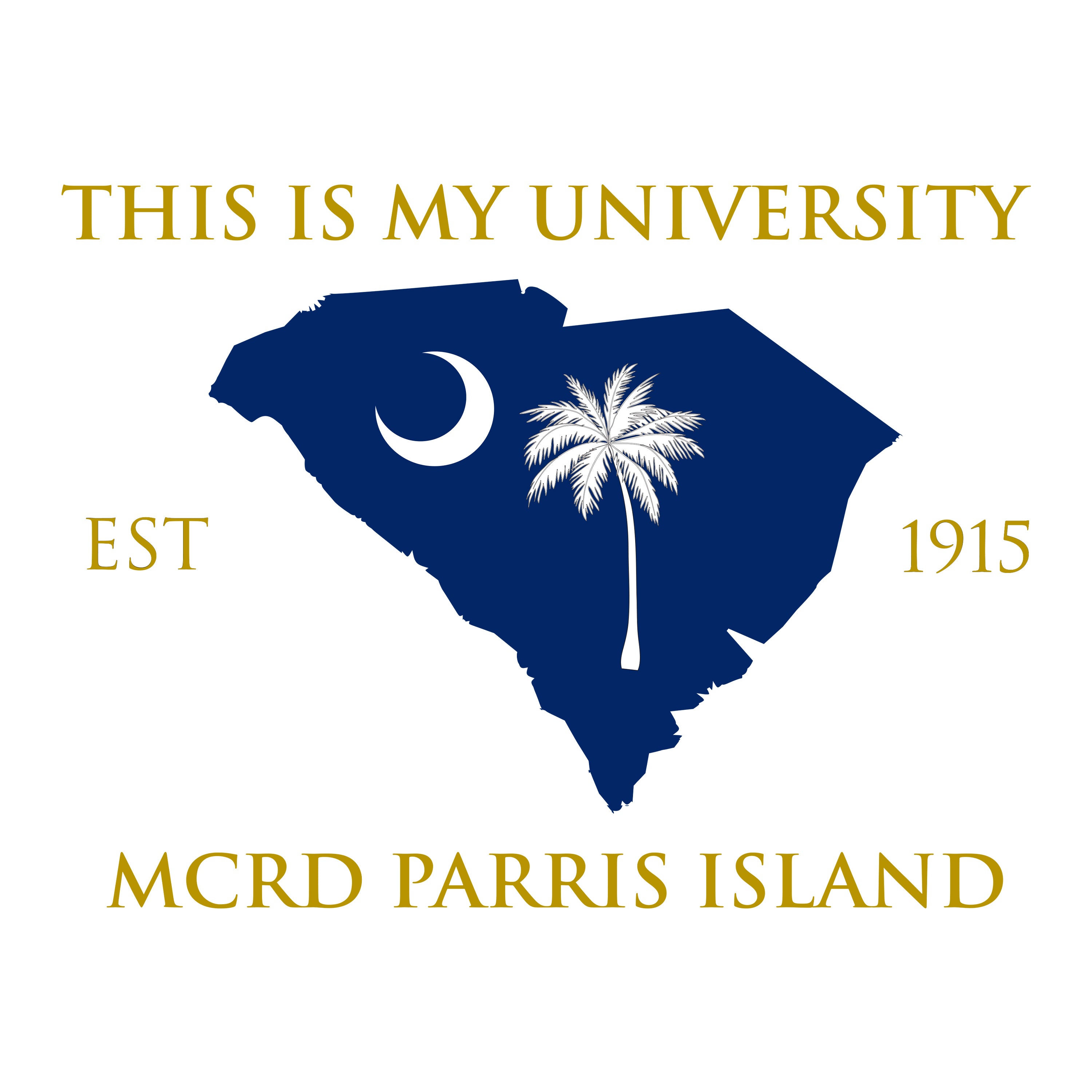 Black USMC fraternity-style T-shirt with Greek letters YMEX on the front and MCRD Parris Island back graphic featuring the South Carolina outline with crescent and palmetto