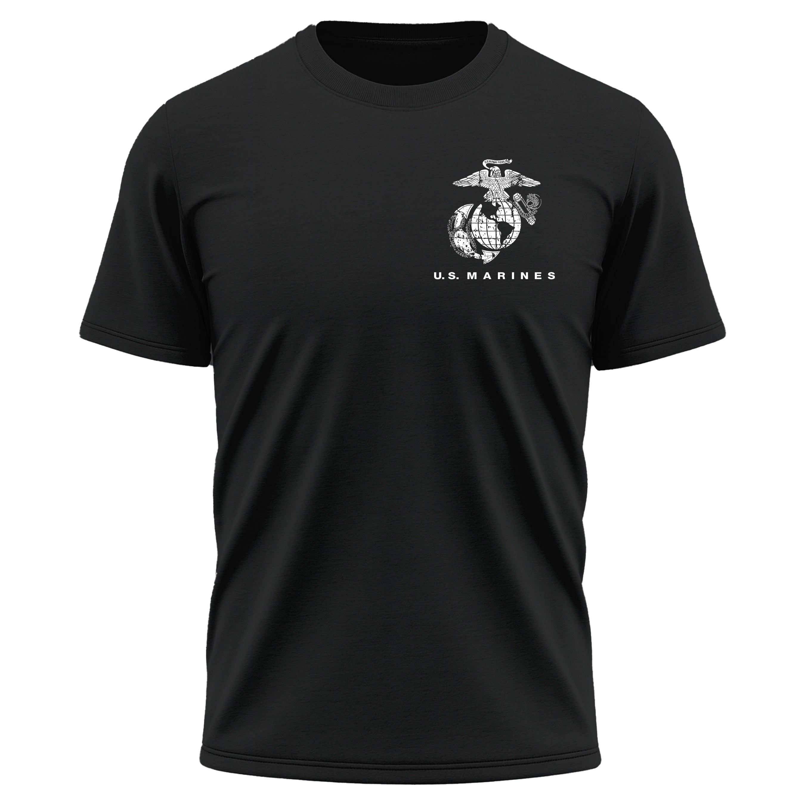 USMC Global Guardians performance T-shirt with Eagle Globe and Anchor and U.S. Marines chest graphic. Marines black performance tee. USMC activewear