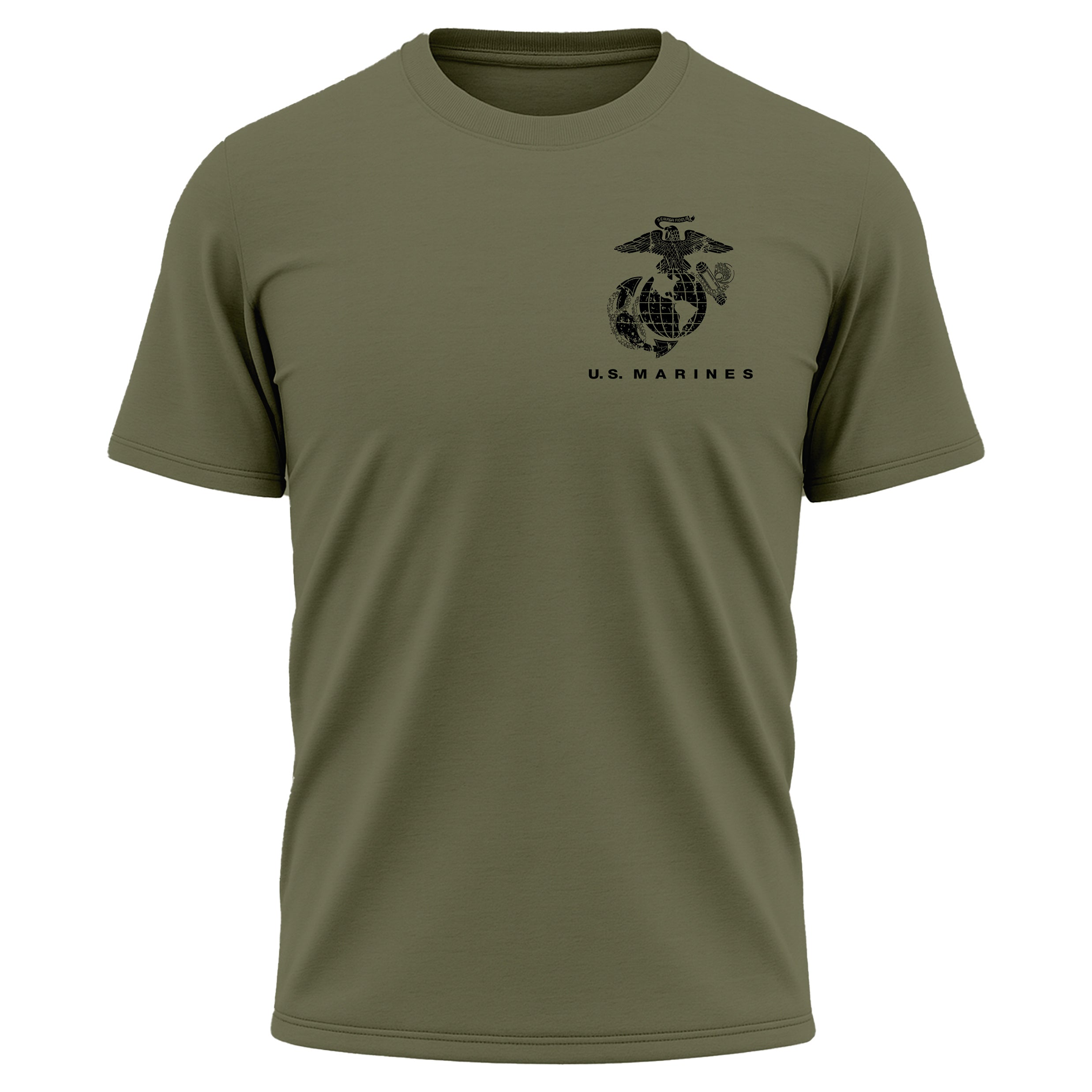 USMC Global Guardians performance T-shirt with Eagle Globe and Anchor and U.S. Marines chest graphic. Marines green performance tee. USMC activewear