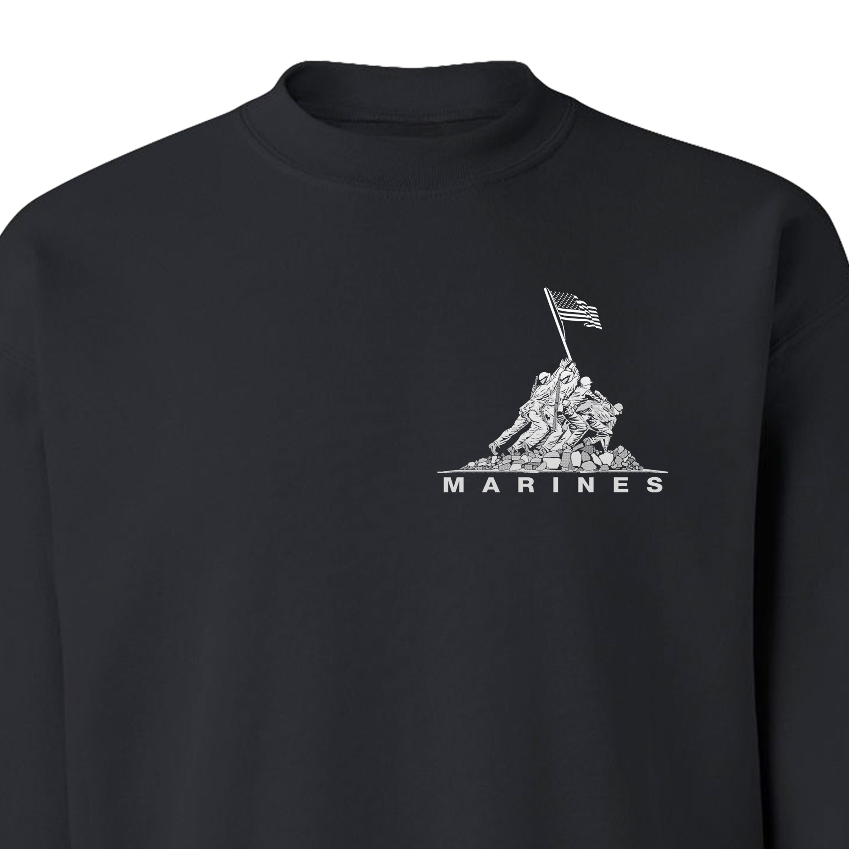 Black USMC sweatshirt with Iwo Jima flag raising chest graphic