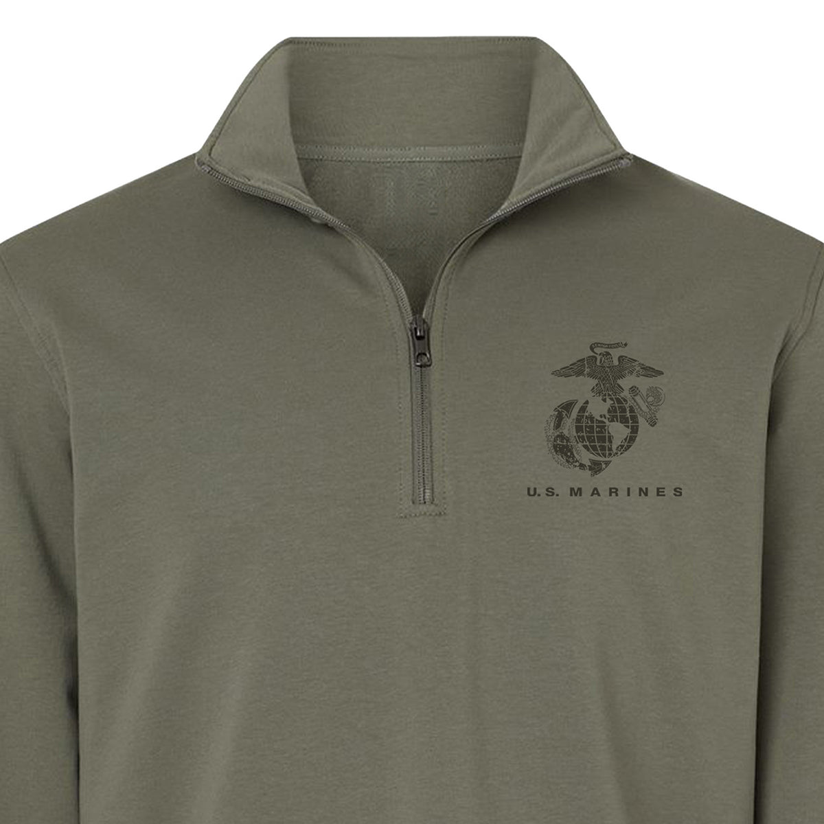 OD Green U.S. Marines Global Guardian performance quarter-zip pullover with OD Green Eagle Globe and Anchor chest graphic for a monochromatic appearance 