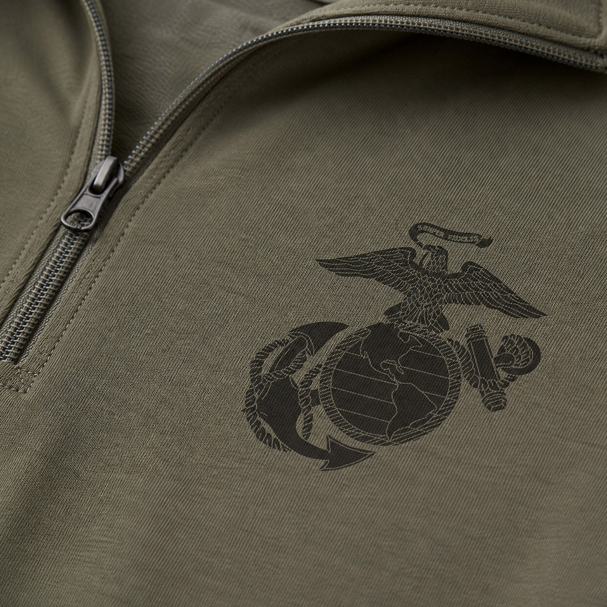 OD Green Vintage Marine Chest Seal performance quarter-zip pullover with OD Green Eagle Globe and Anchor chest graphic for a monochromatic look