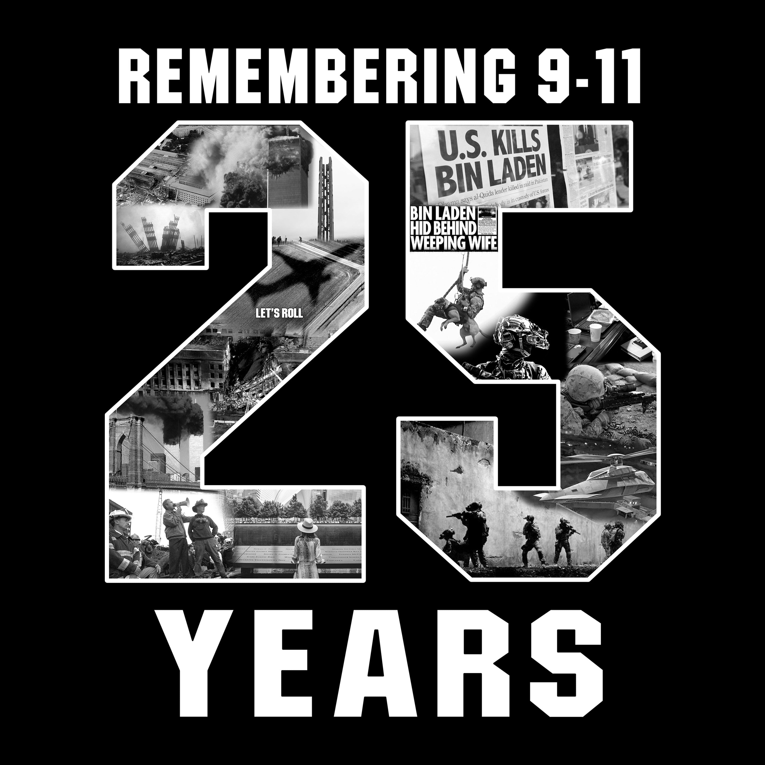 9/11 remembrance T-shirt honoring the 25th anniversary of September 11 with patriotic memorial design and Never Forget message