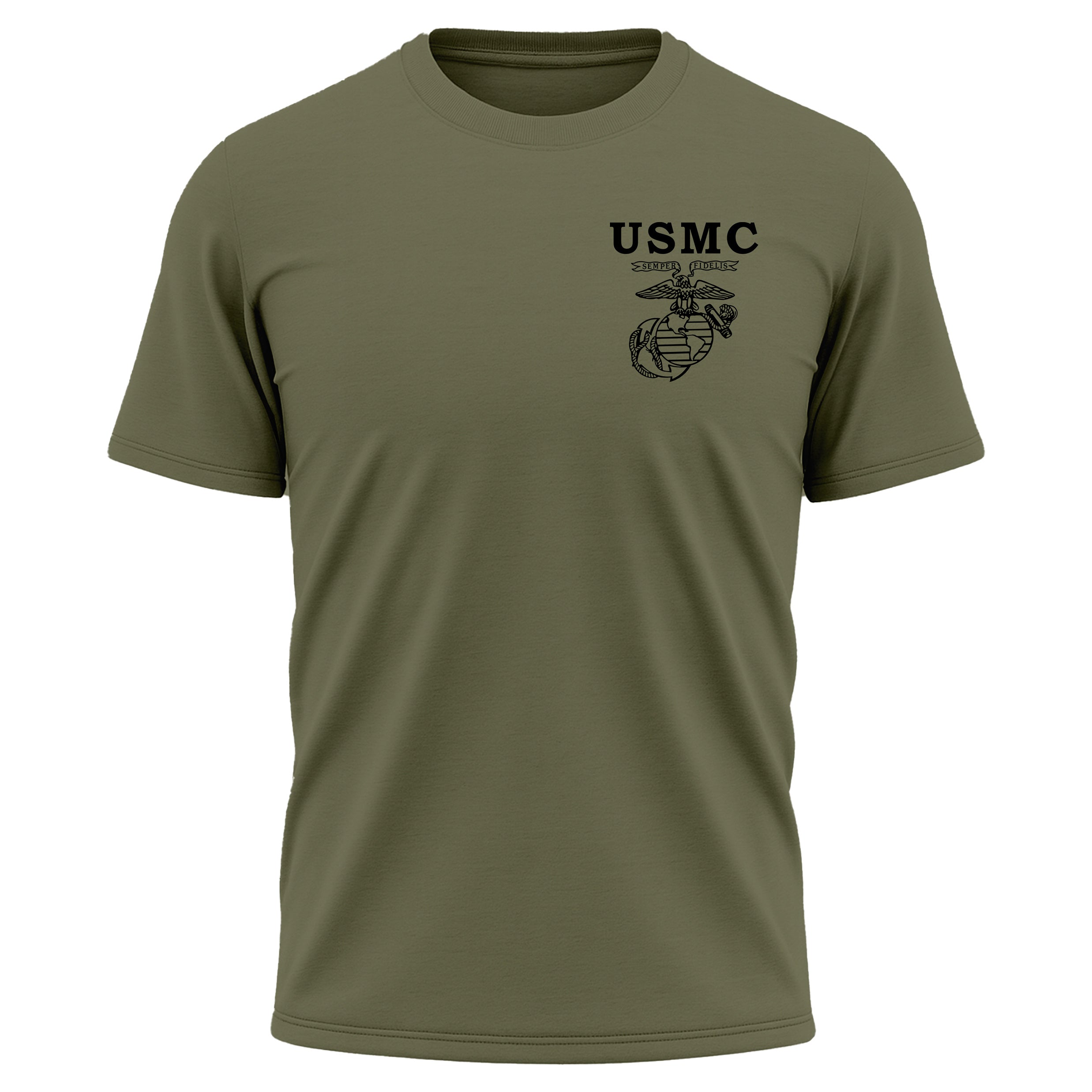 USMC Old School EGA performance T-shirt with Semper Fidelis Eagle Globe and Anchor chest graphic. Marines Green Performance Tee. USMC Activewear