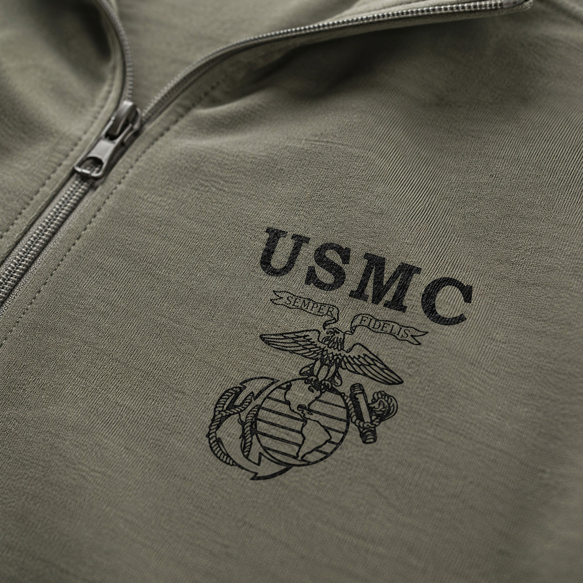 OD green USMC Old School EGA performance quarter-zip pullover with black Eagle Globe and Anchor chest graphic