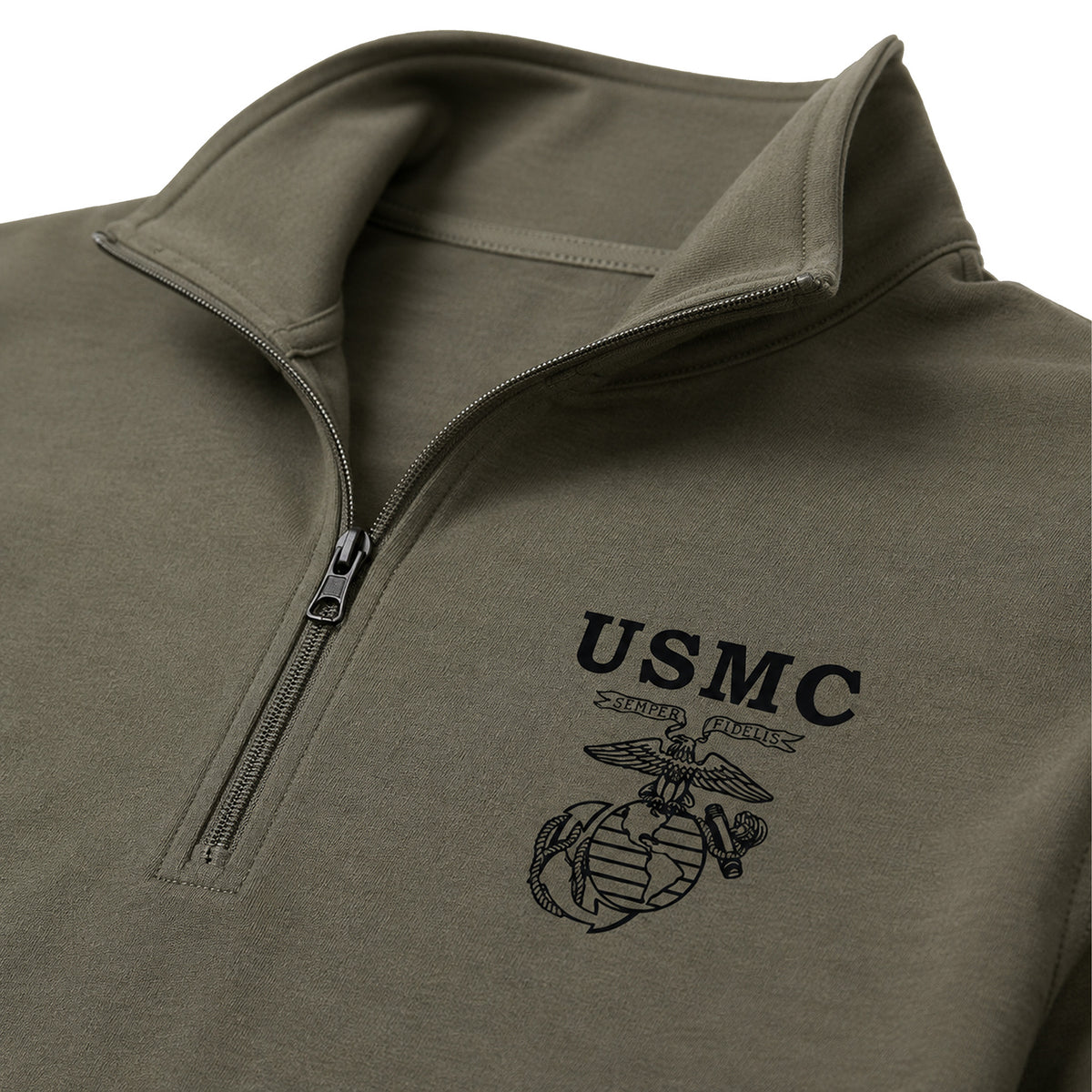 OD green USMC Old School EGA performance quarter-zip pullover with black Eagle Globe and Anchor chest graphic