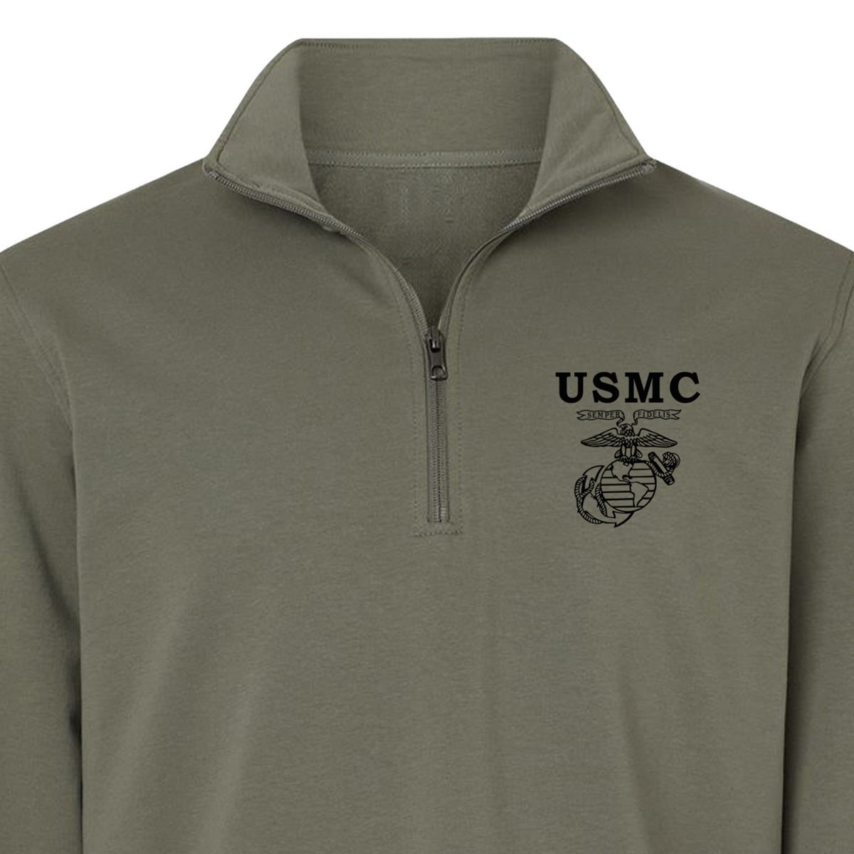 OD green USMC Old School EGA performance quarter-zip pullover with black Eagle Globe and Anchor chest graphic