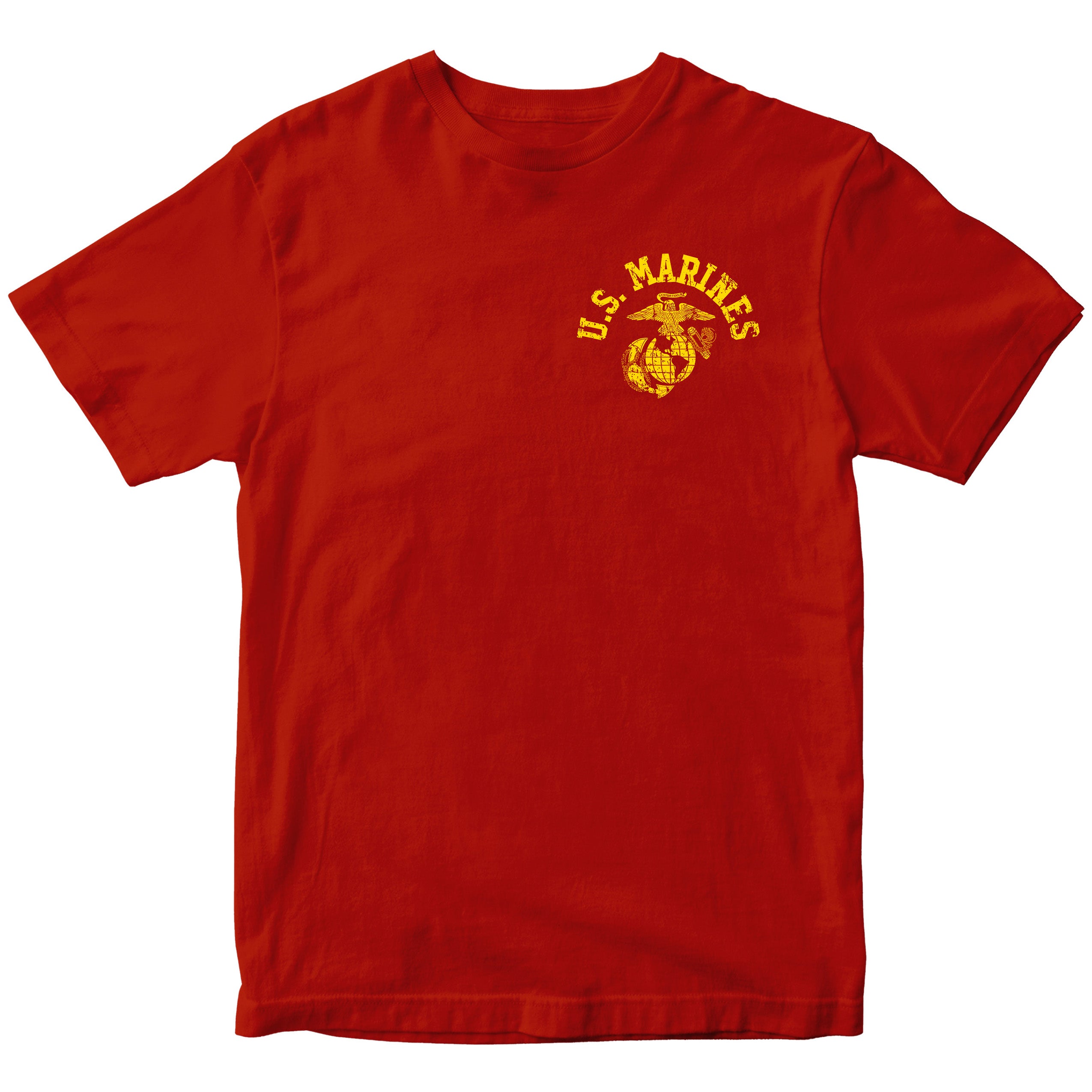 red Marine Corps PT-style T-shirt featuring a small left-chest U.S. Marines arch and EGA emblem. USMC Tee