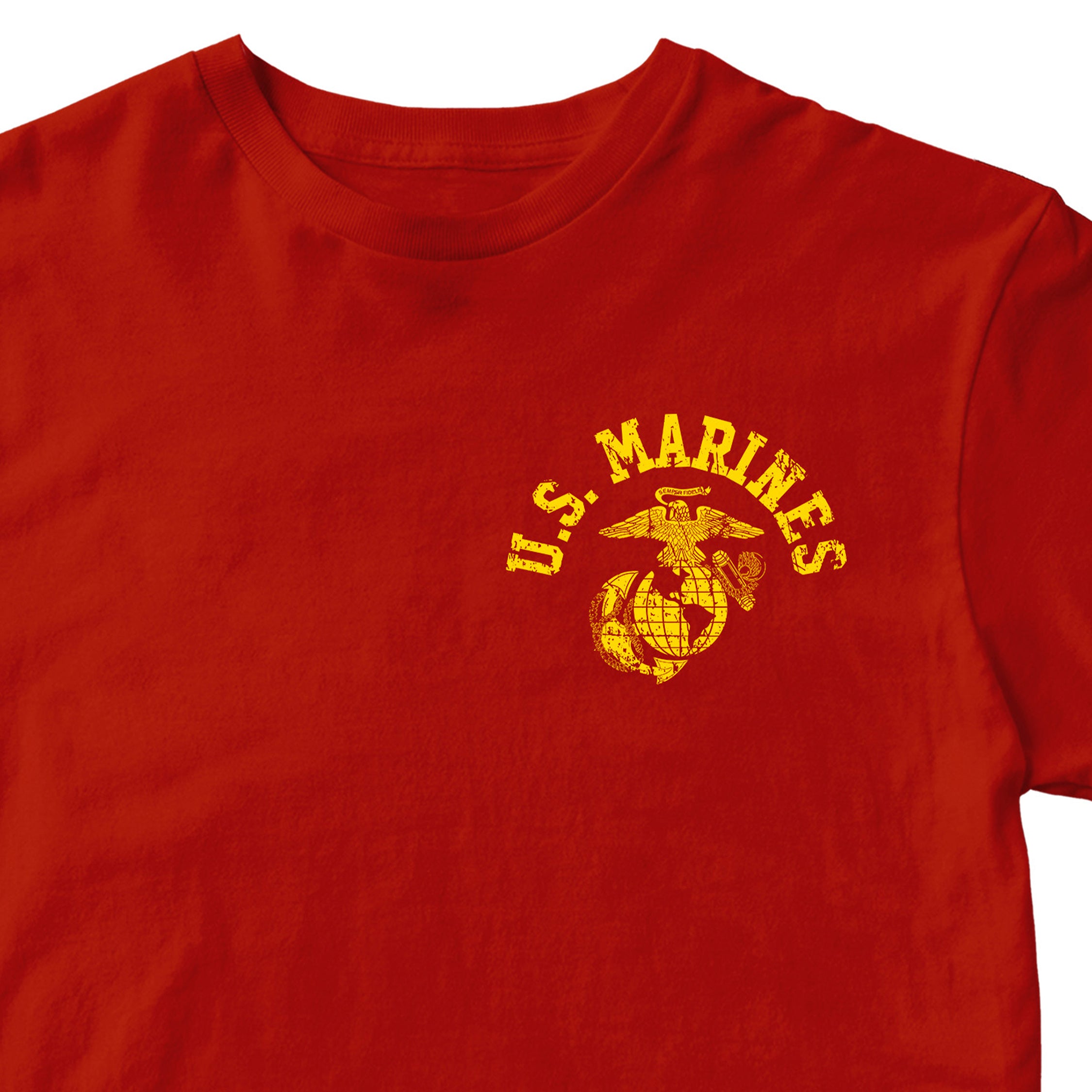 red Marine Corps PT-style T-shirt featuring a small left-chest U.S. Marines arch and EGA emblem. USMC Tee