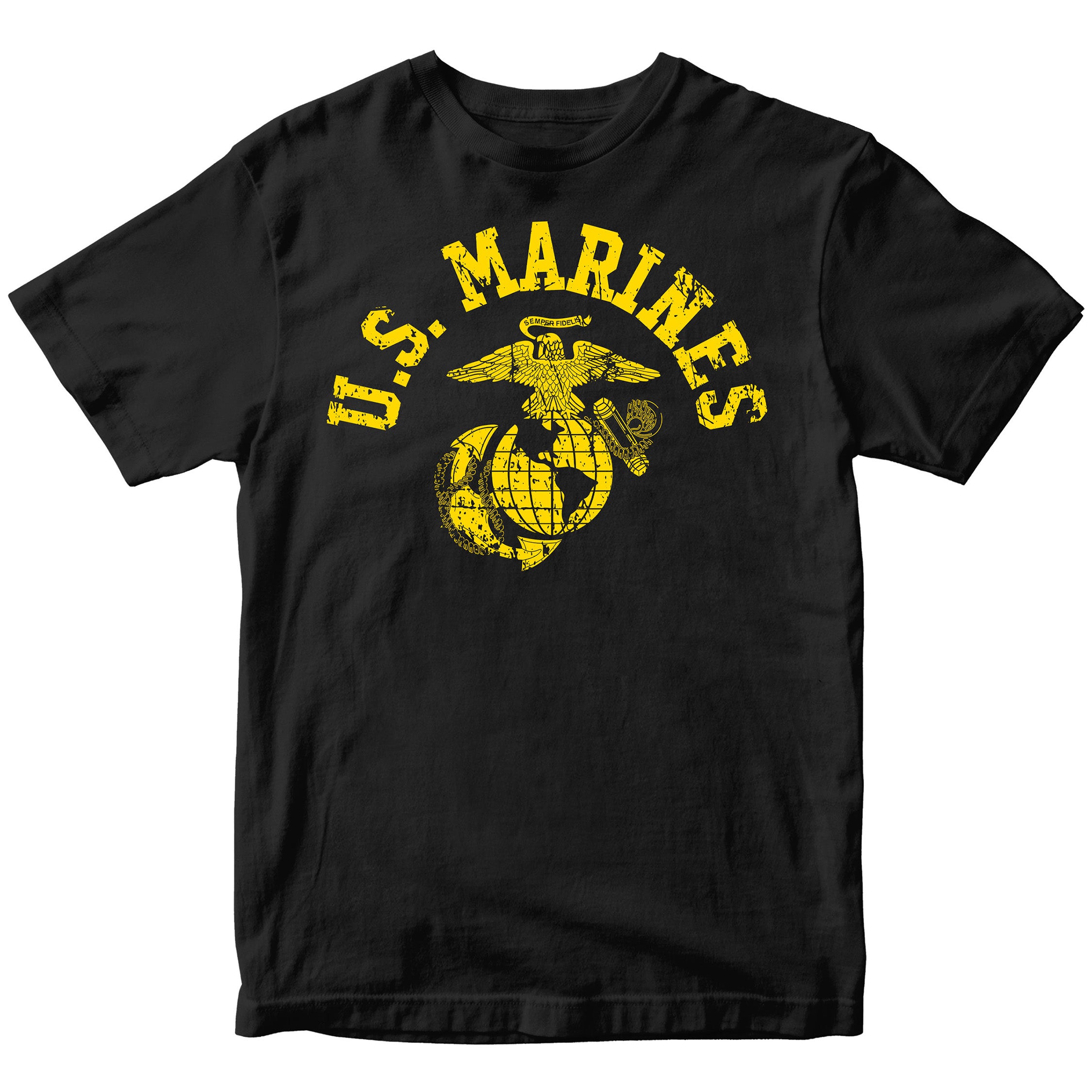 Black & Gold U.S. Marines T-shirt with large full-front vintage ‘U.S. Marines’ arch and Eagle, Globe, and Anchor emblem. USMC Tee