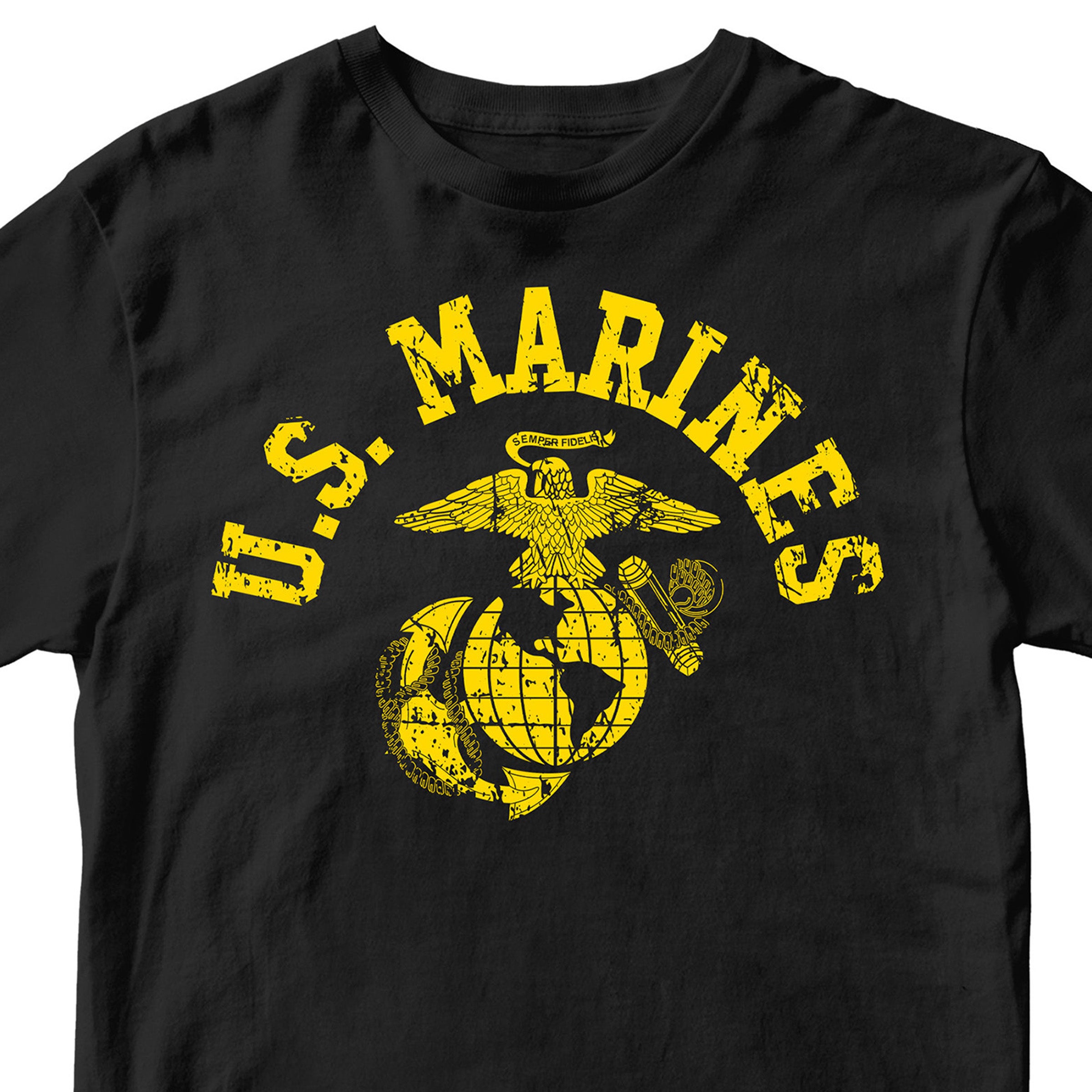 Black & Gold U.S. Marines T-shirt with large full-front vintage ‘U.S. Marines’ arch and Eagle, Globe, and Anchor emblem. USMC Tee
