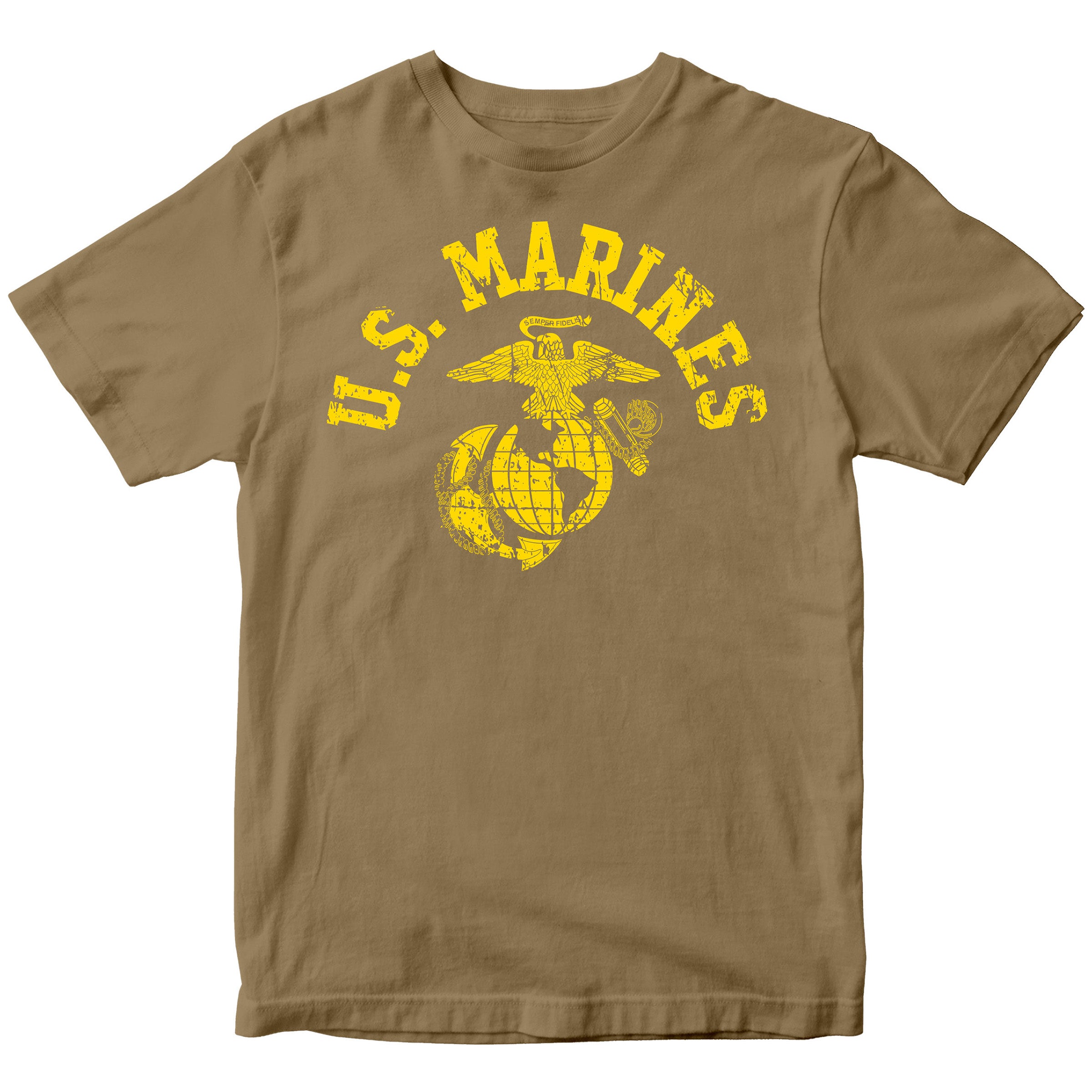 Brown U.S. Marines T-shirt with large full-front vintage ‘U.S. Marines’ arch and Eagle, Globe, and Anchor emblem. USMC Tee