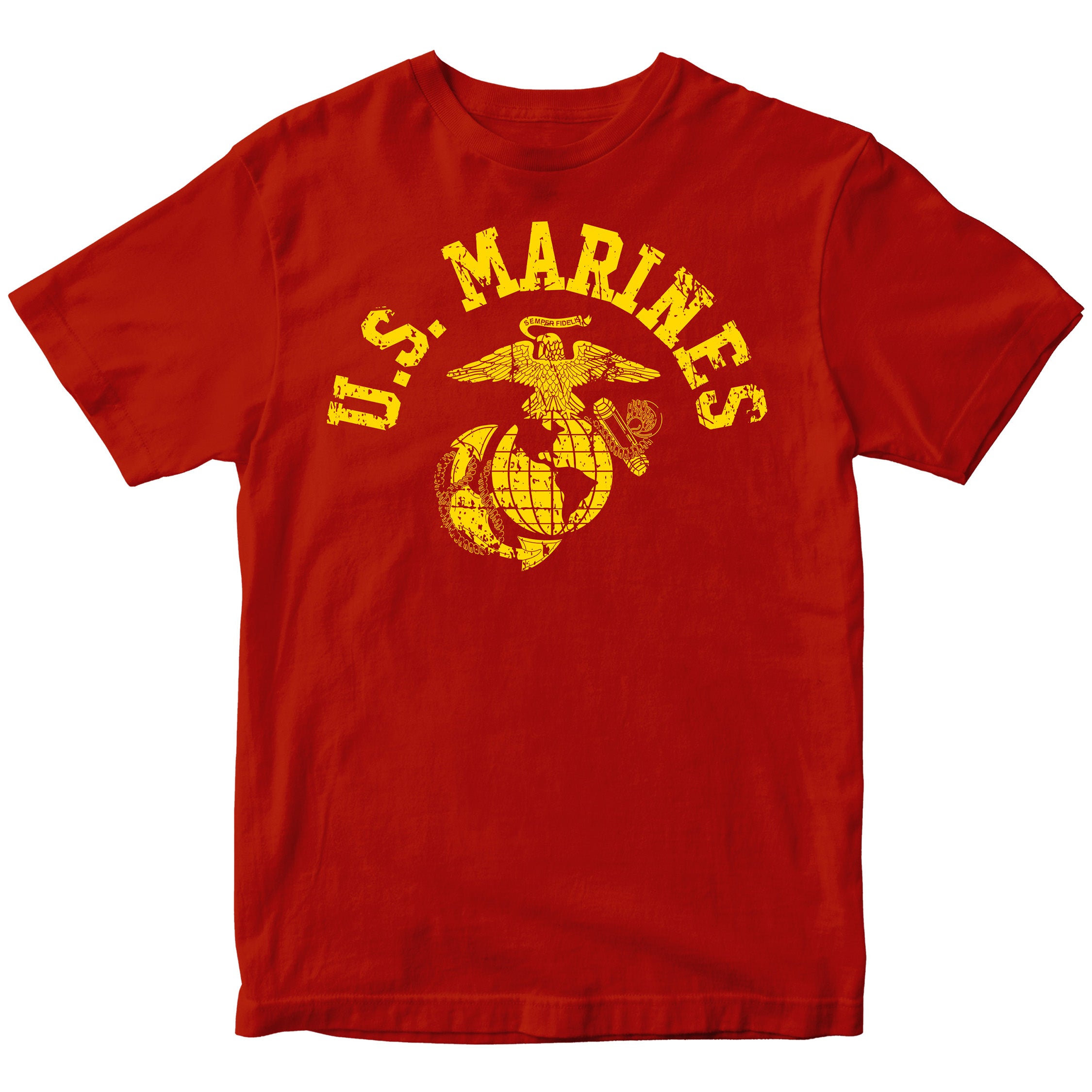 Red & Gold U.S. Marines T-shirt with large full-front vintage ‘U.S. Marines’ arch and Eagle, Globe, and Anchor emblem. USMC Tee