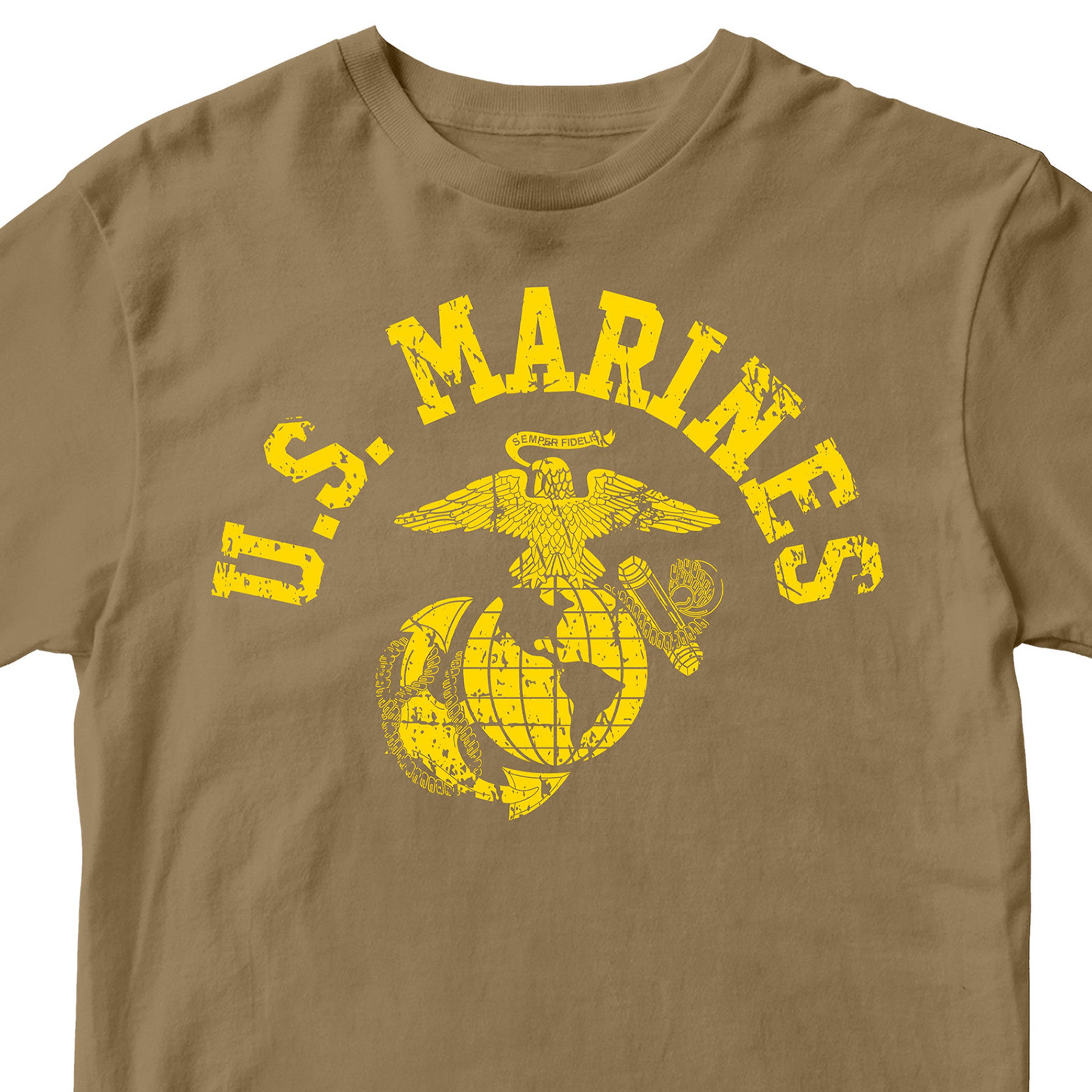 Brown U.S. Marines T-shirt with large full-front vintage ‘U.S. Marines’ arch and Eagle, Globe, and Anchor emblem. USMC Tee