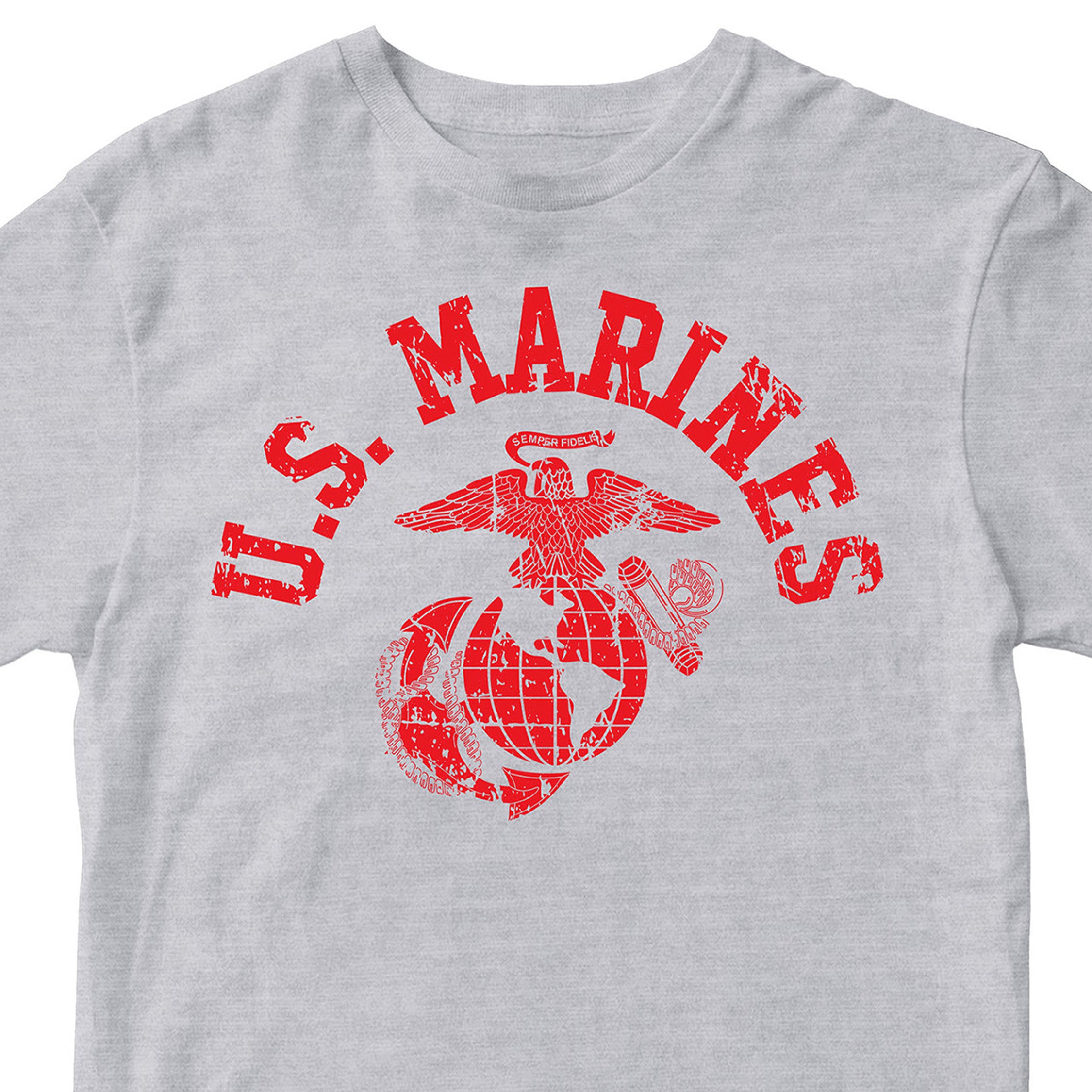 Gray U.S. Marines T-shirt with large full-front vintage ‘U.S. Marines’ arch and Eagle, Globe, and Anchor emblem. USMC Tee