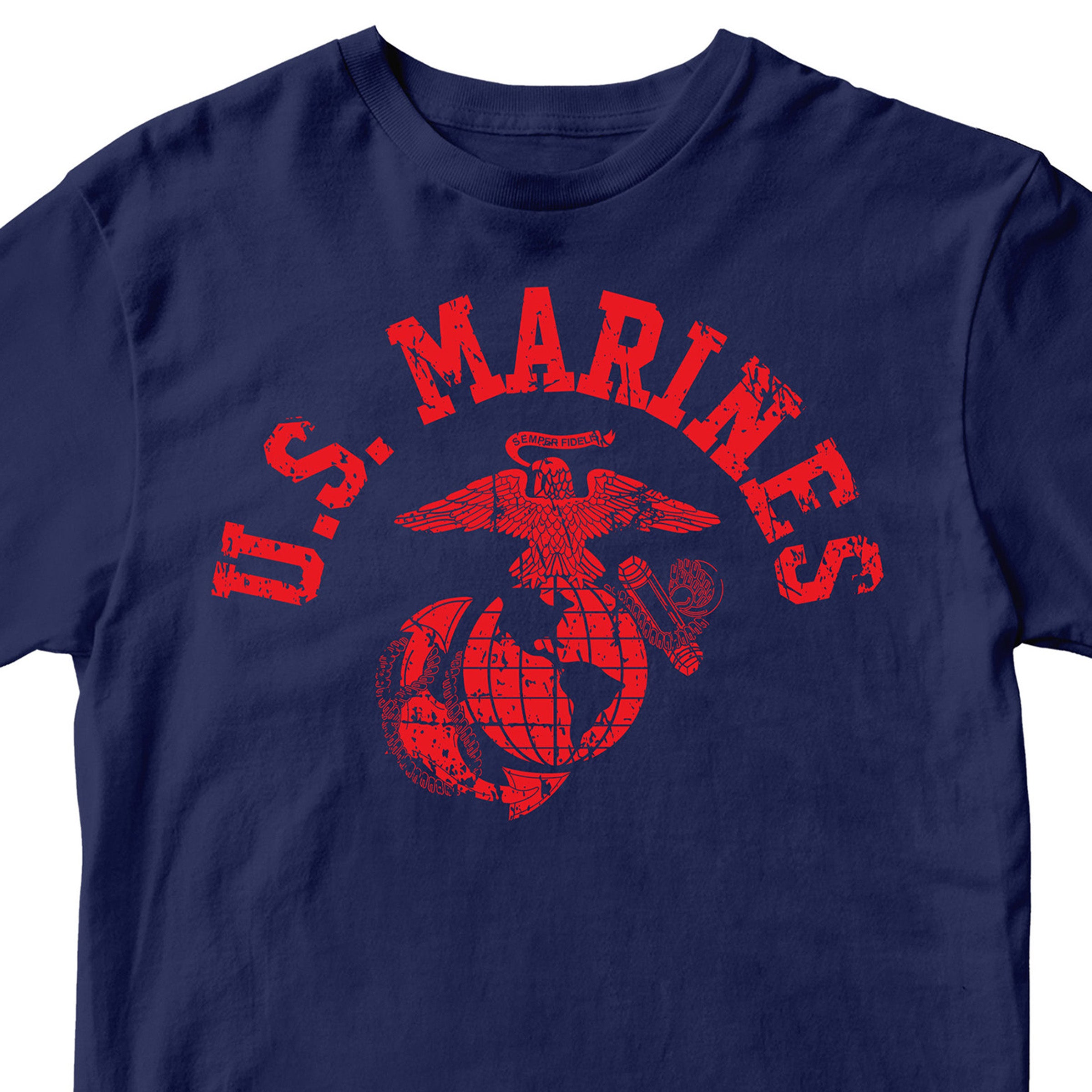 Navy & Red U.S. Marines T-shirt with large full-front vintage ‘U.S. Marines’ arch and Eagle, Globe, and Anchor emblem. USMC Tee
