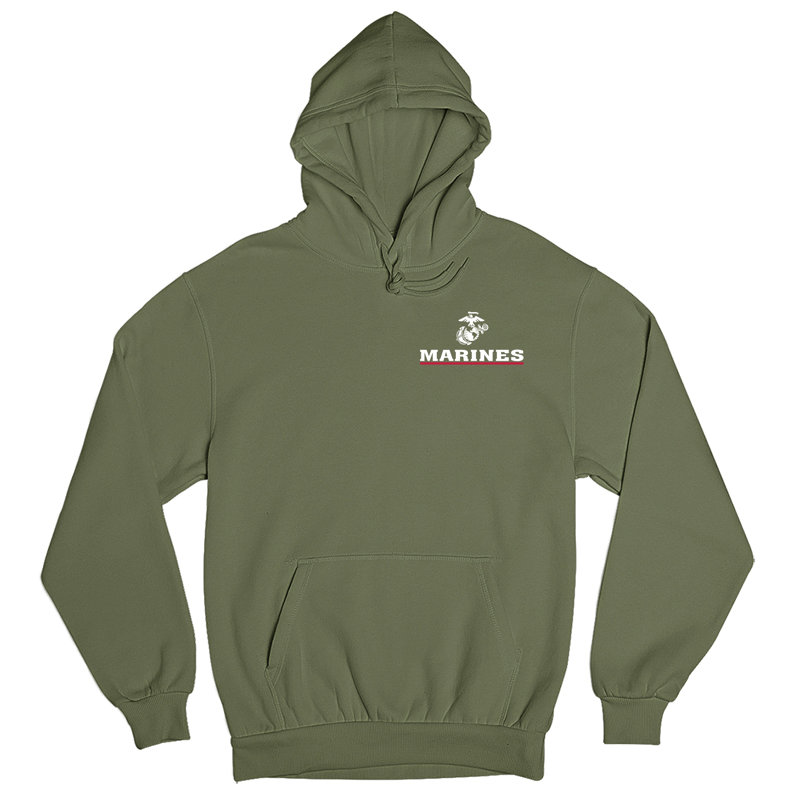 Green USMC Hoodie with EGA chest seal emblem above bold 'MARINES' text and a red underline, minimalist Marine Corps design.