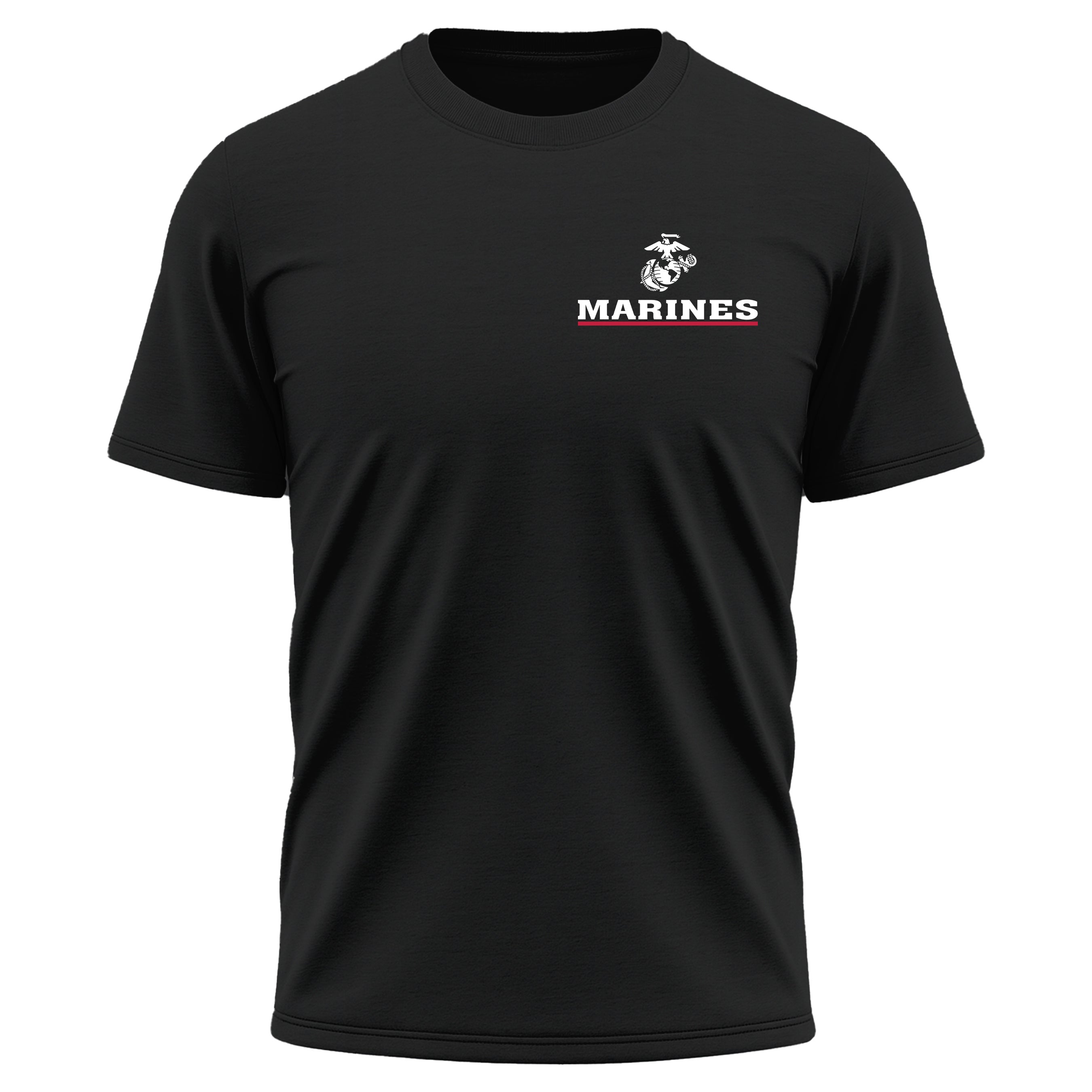 USMC Red Line performance T-shirt with Eagle Globe and Anchor and Marines chest graphic. Marines Black Performance tee. Marine Corps Activewear