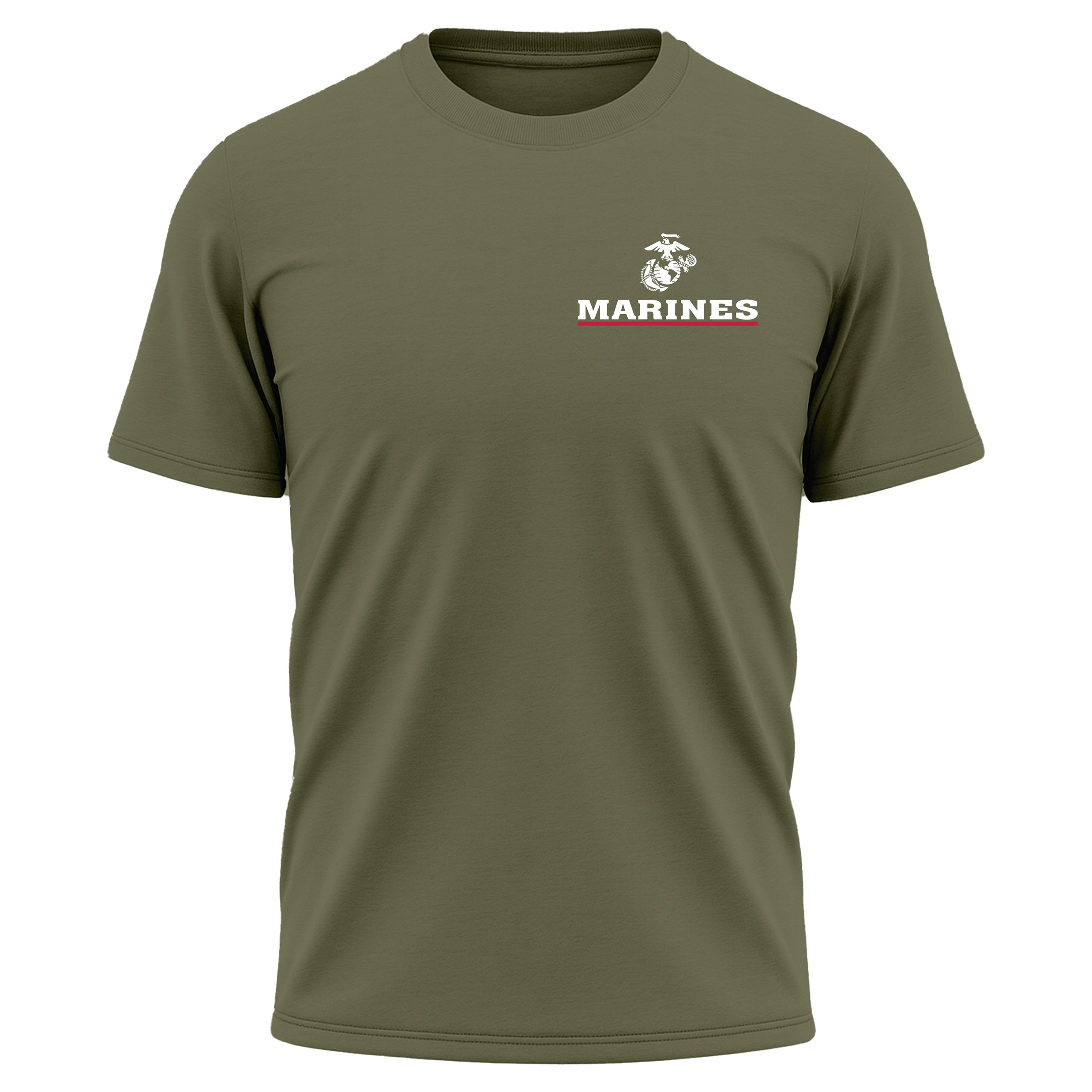 USMC Red Line performance T-shirt with Eagle Globe and Anchor and Marines chest graphic. Marines green Performance tee. Marine Corps Activewear