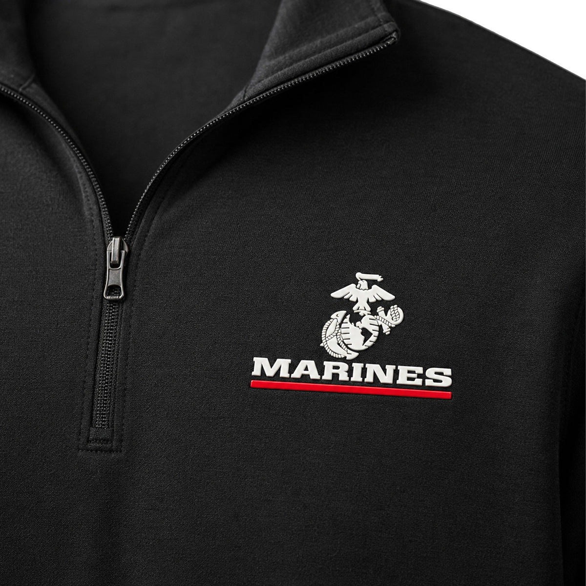 Black Marines Red Line EGA performance quarter-zip pullover with raised silicone Eagle Globe and Anchor chest patch
