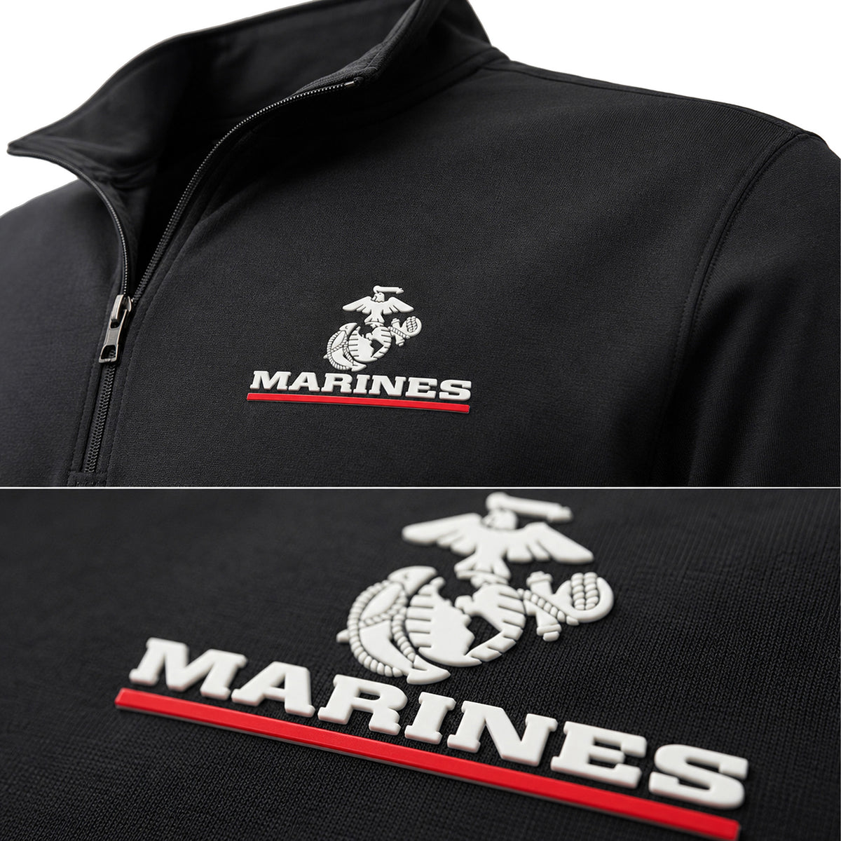 Black Marines Red Line EGA performance quarter-zip pullover with raised silicone Eagle Globe and Anchor chest patch