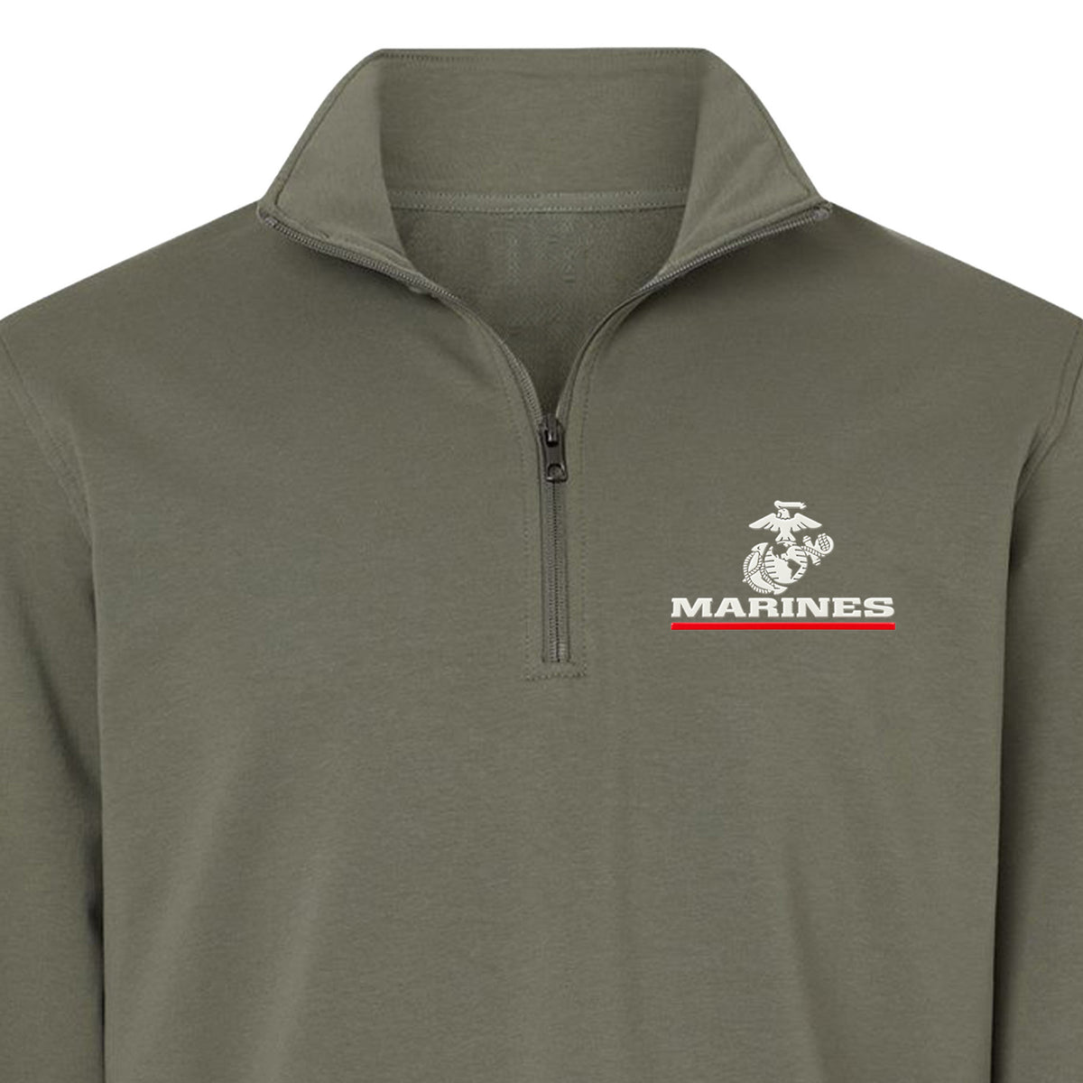OD Green Marines Red Line EGA performance quarter-zip pullover with raised silicone Eagle Globe and Anchor chest patch