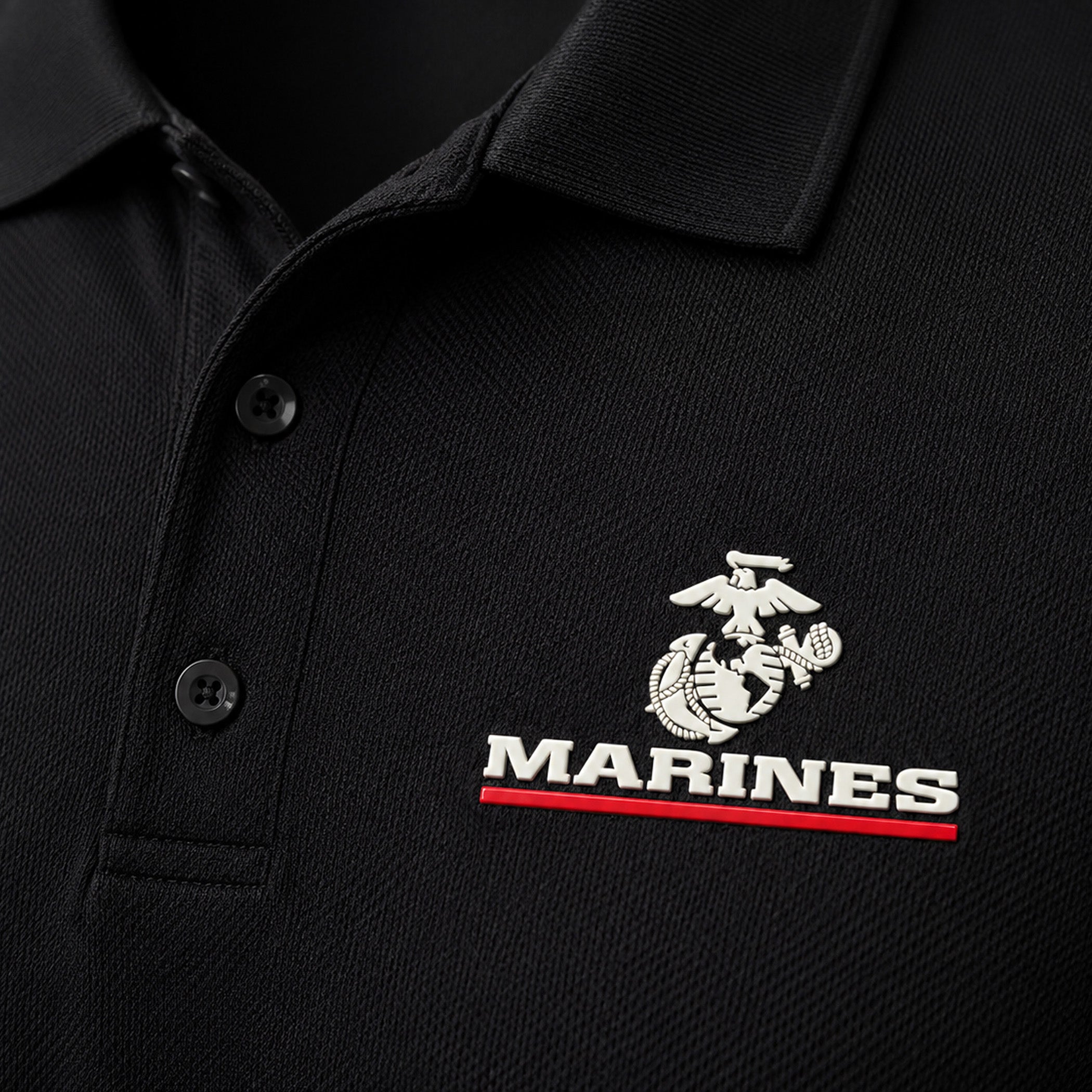 Marine Corps performance polo with silicone Eagle Globe and Anchor Red Line Marines chest logo