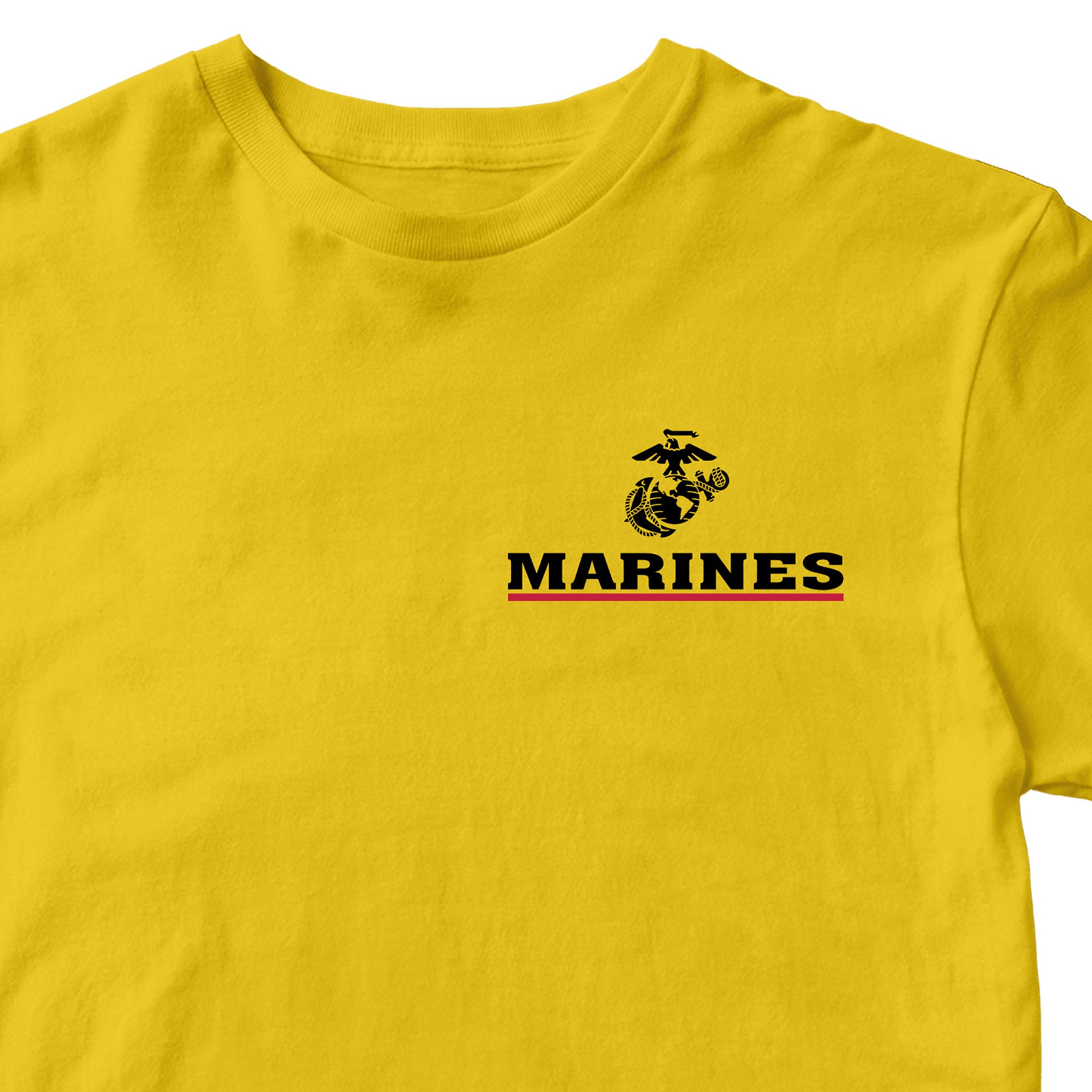 Gold USMC T-shirt with EGA chest seal emblem above bold white 'MARINES' text and a red underline, minimalist Marine Corps design.