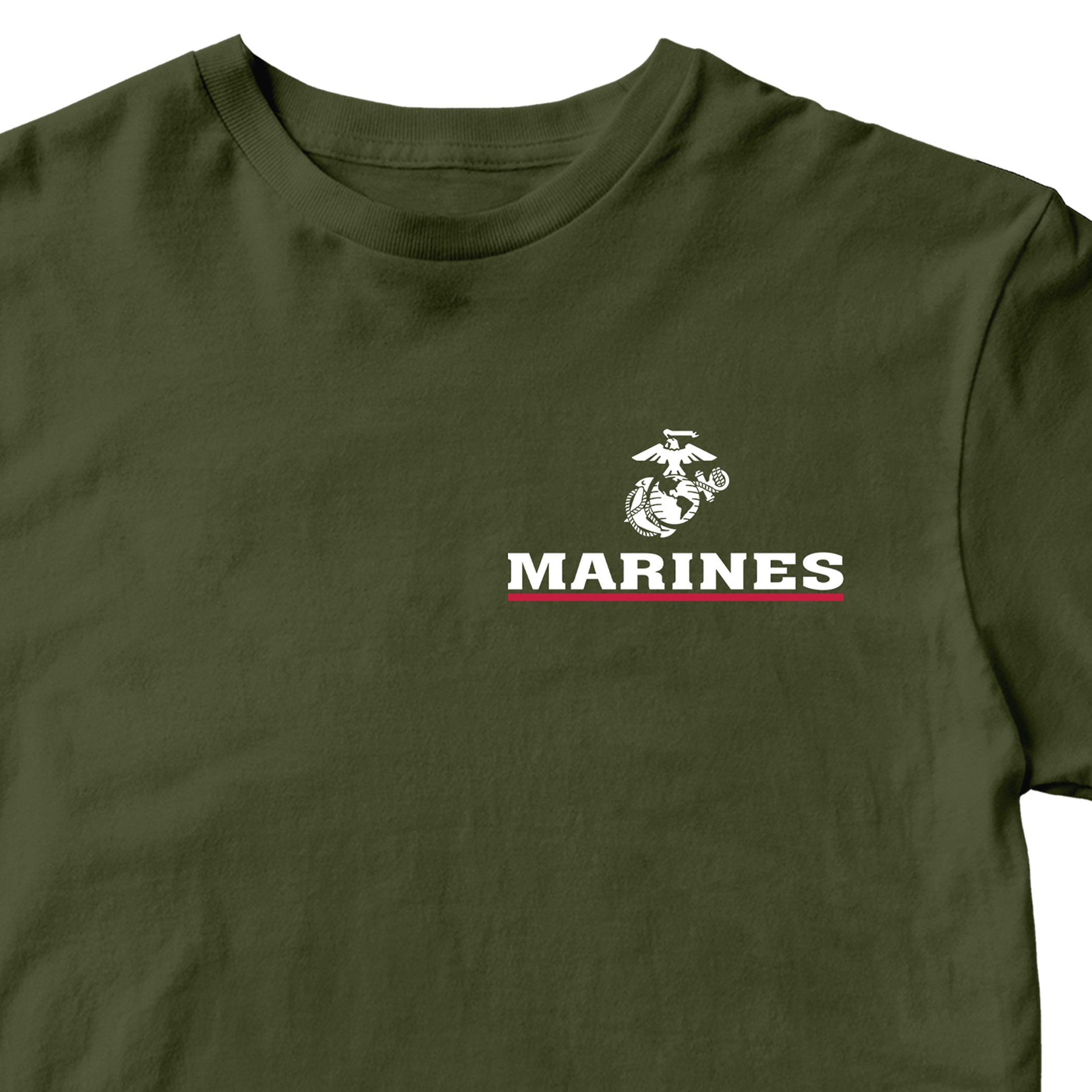 Green USMC T-shirt with EGA chest seal emblem above bold white 'MARINES' text and a red underline, minimalist Marine Corps design.