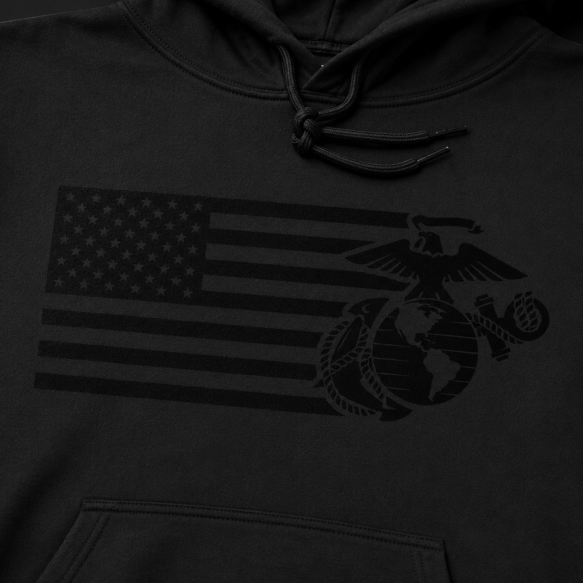 Black USMC Split Flag and EGA hoodie with tonal American flag and Eagle Globe and Anchor front graphic