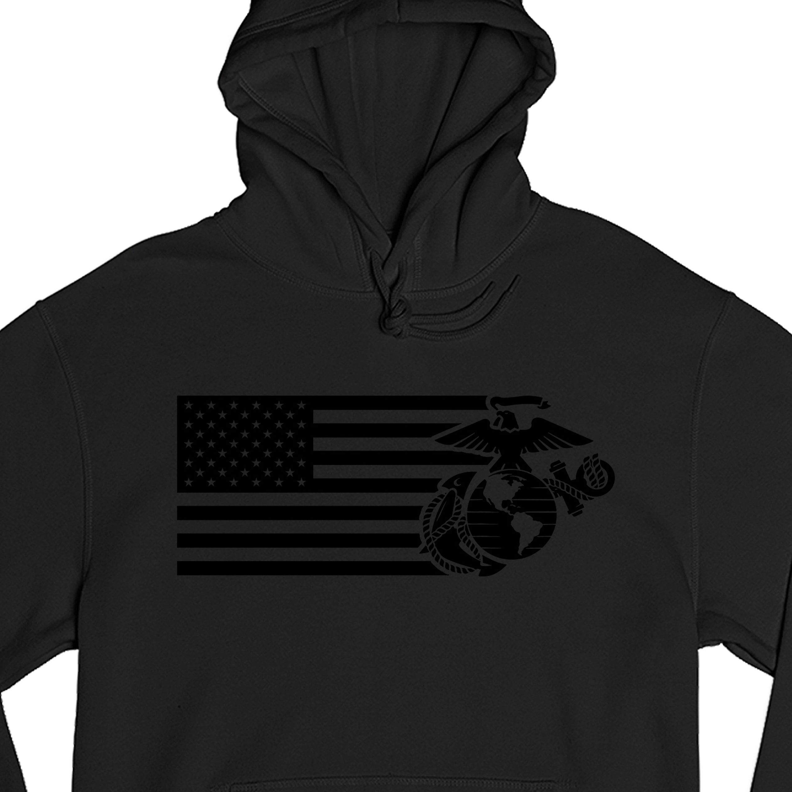 Black USMC Split Flag and EGA hoodie with tonal American flag and Eagle Globe and Anchor front graphic