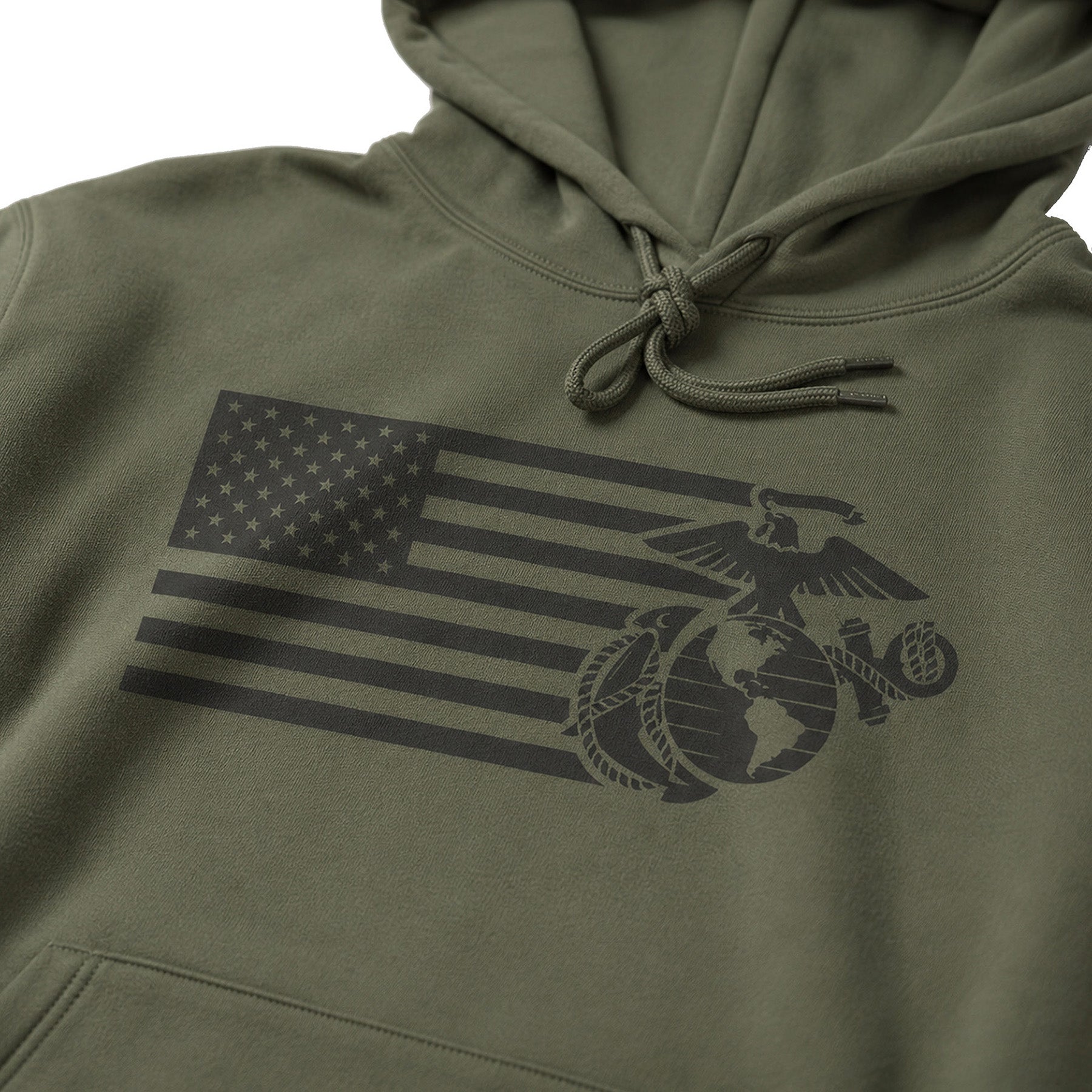 Military Green USMC Split Flag and EGA hoodie with tonal American flag and Eagle Globe and Anchor front graphic
