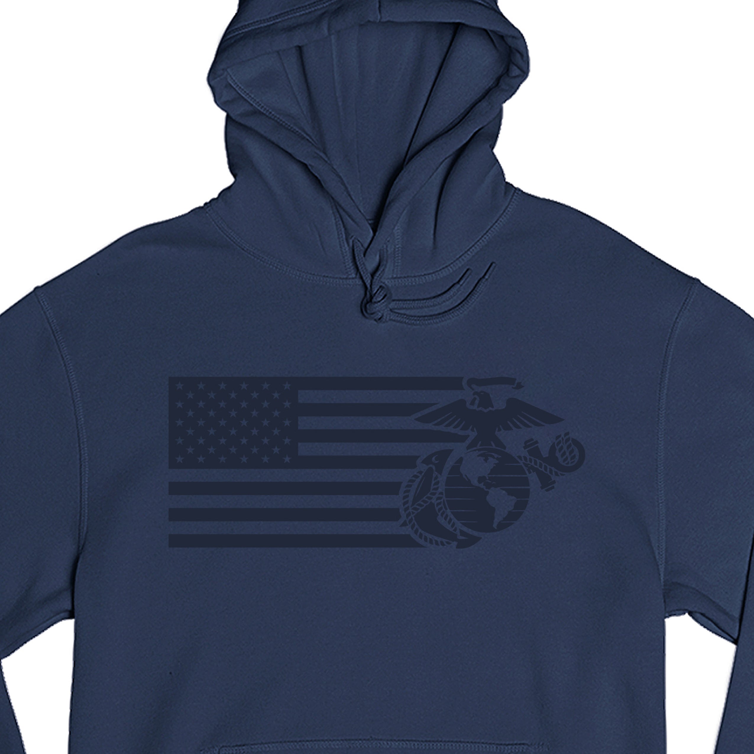 Navy Blue USMC Split Flag and EGA hoodie with tonal American flag and Eagle Globe and Anchor front graphic