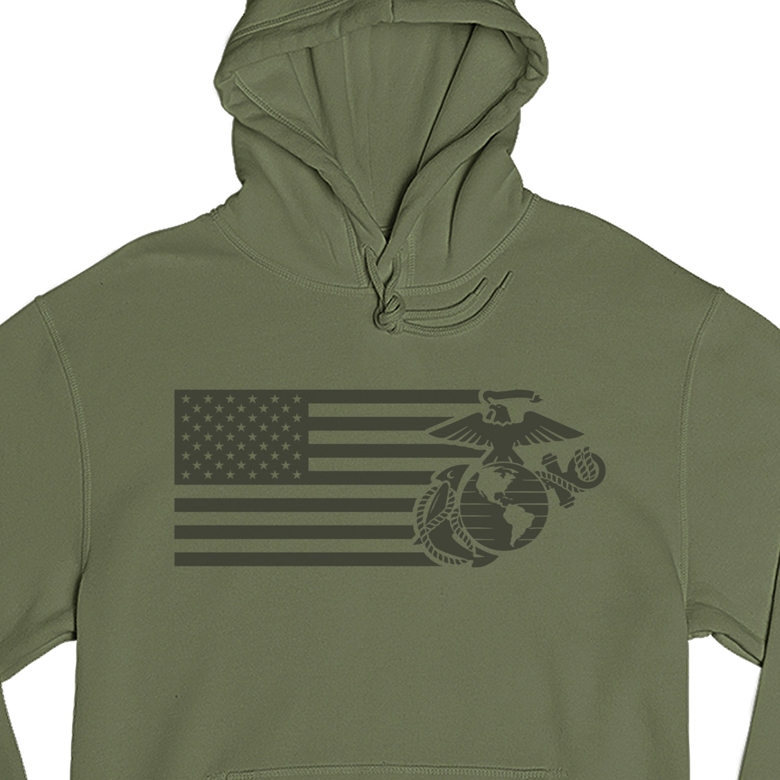 Military Green USMC Split Flag and EGA hoodie with tonal American flag and Eagle Globe and Anchor front graphic