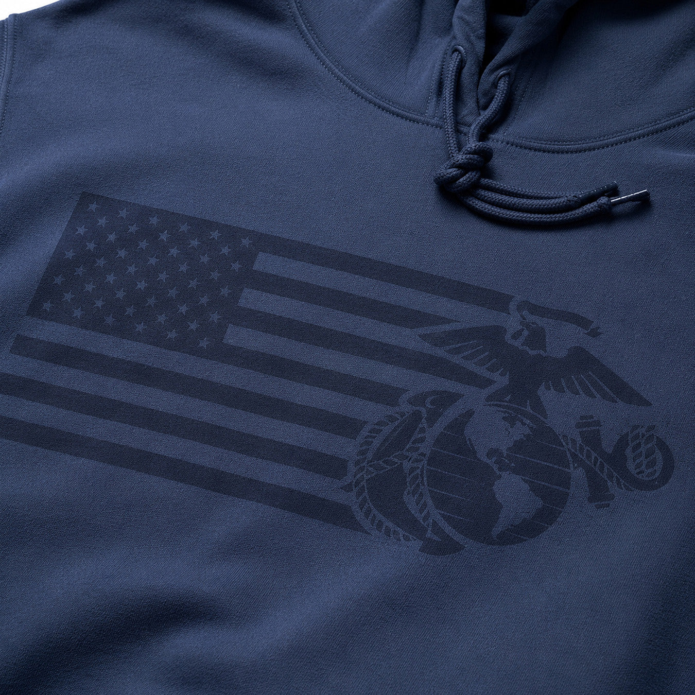 Navy Blue USMC Split Flag and EGA hoodie with tonal American flag and Eagle Globe and Anchor front graphic