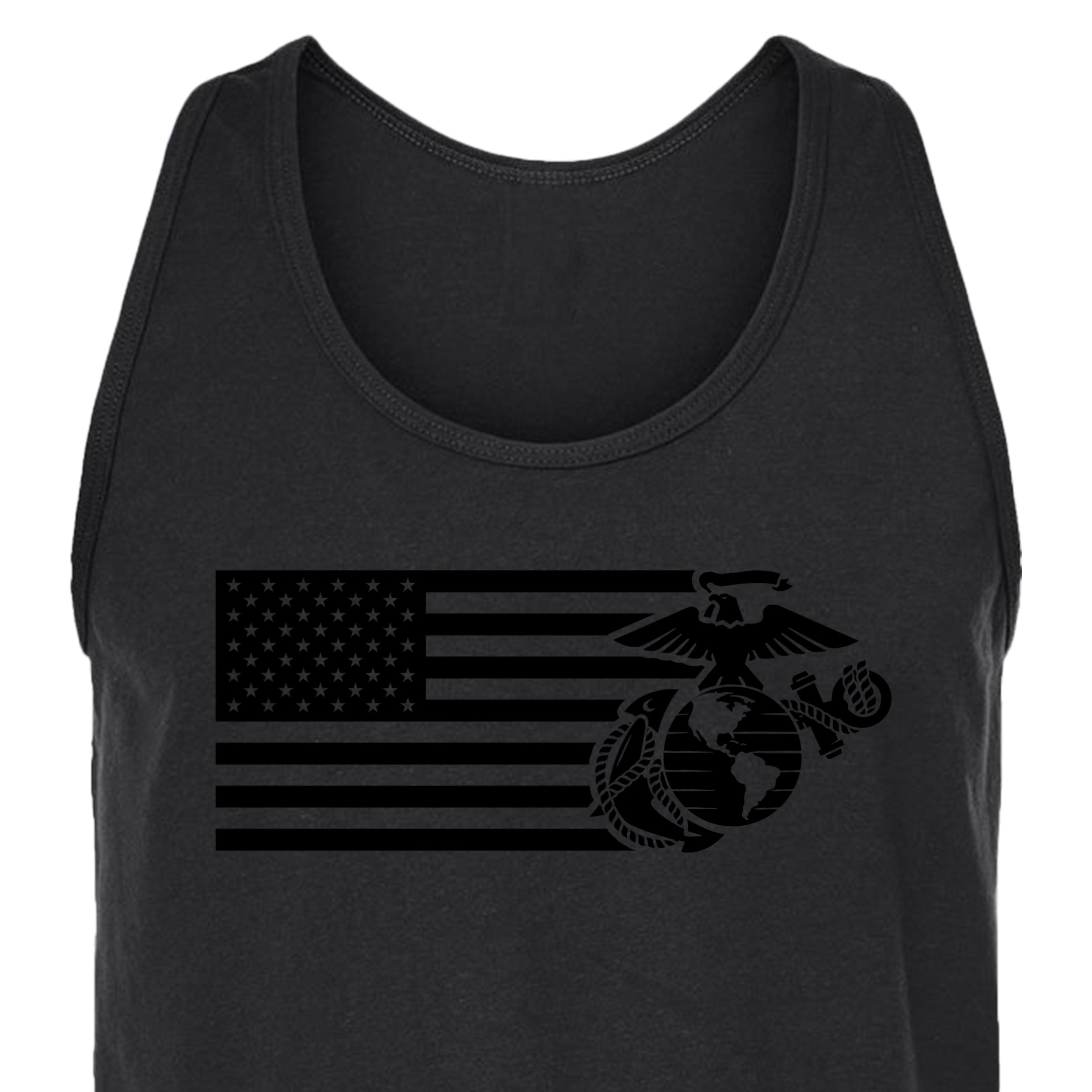 Black USMC Split Flag & EGA tank top featuring a black-on-black American flag and Eagle, Globe, and Anchor design. USMC sleeveless tank. 
