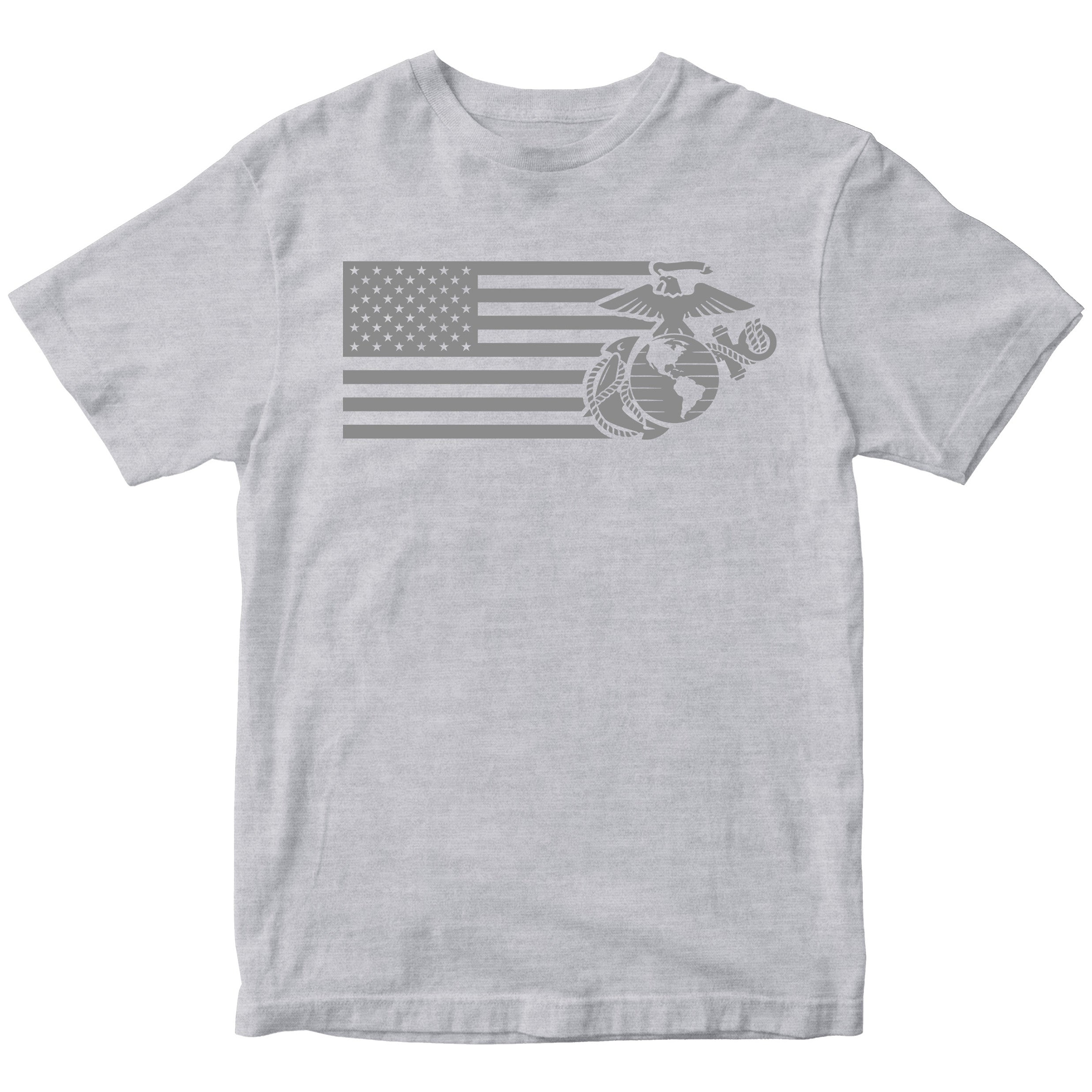 Sport Gray USMC Split Flag and EGA t-shirt with monochromatic Marine Corps EGA and American Flag Design. Marines Patriotic Tee.