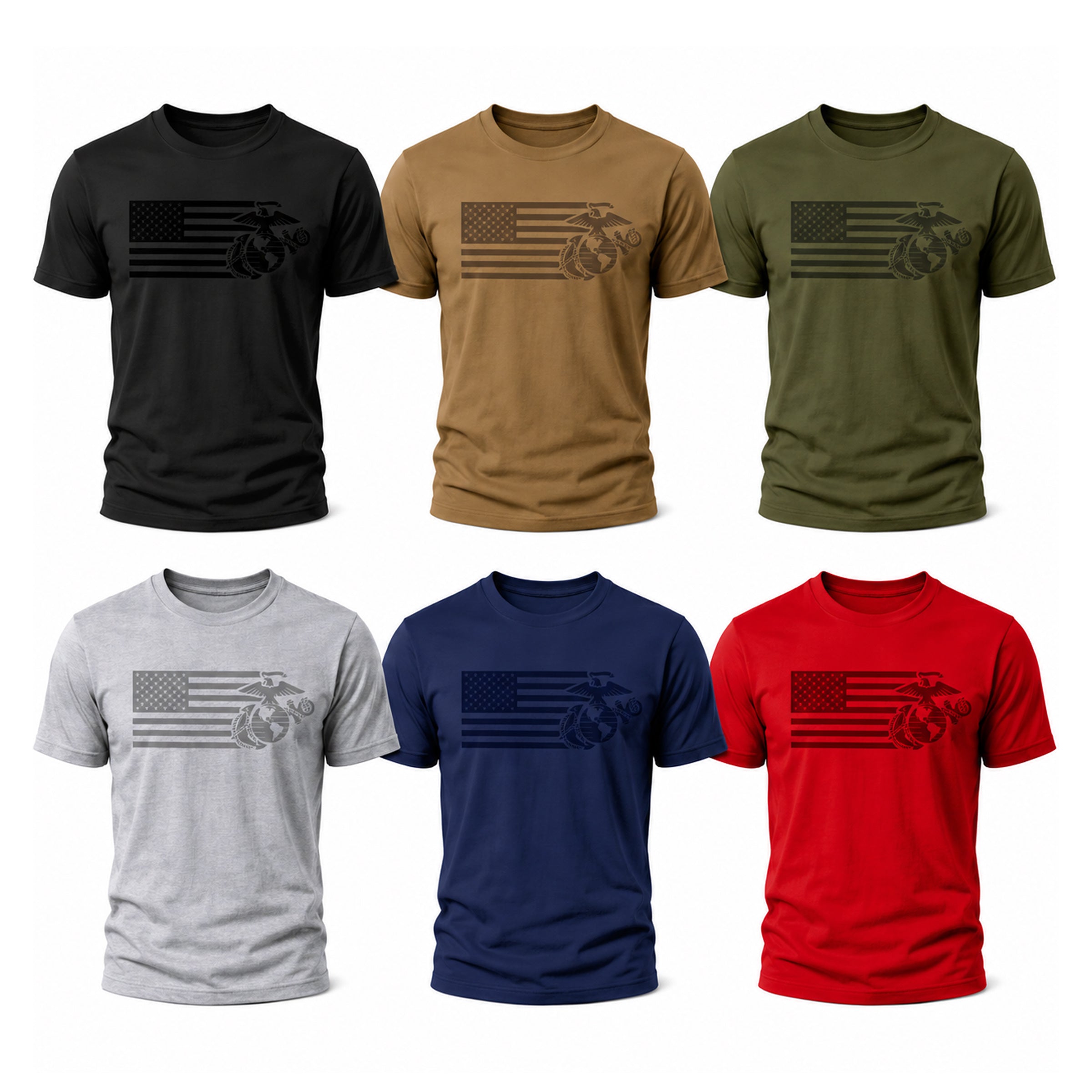 USMC Split Flag and EGA tees with Marine Corps EGA and American Flag Design. Marines Patriotic Tee.