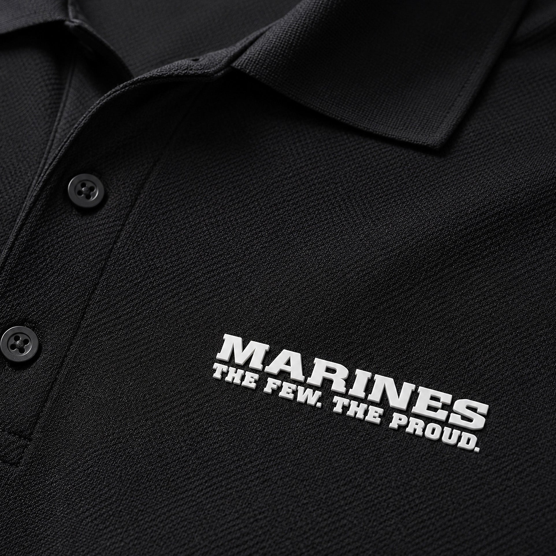 Marine Corps performance polo with The Few The Proud silicone chest logo and Marines lettering
