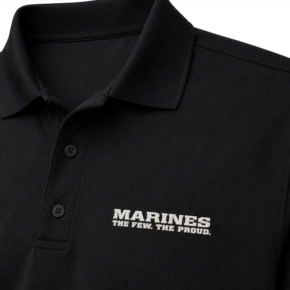 Marine Corps performance polo with The Few The Proud silicone chest logo and Marines lettering