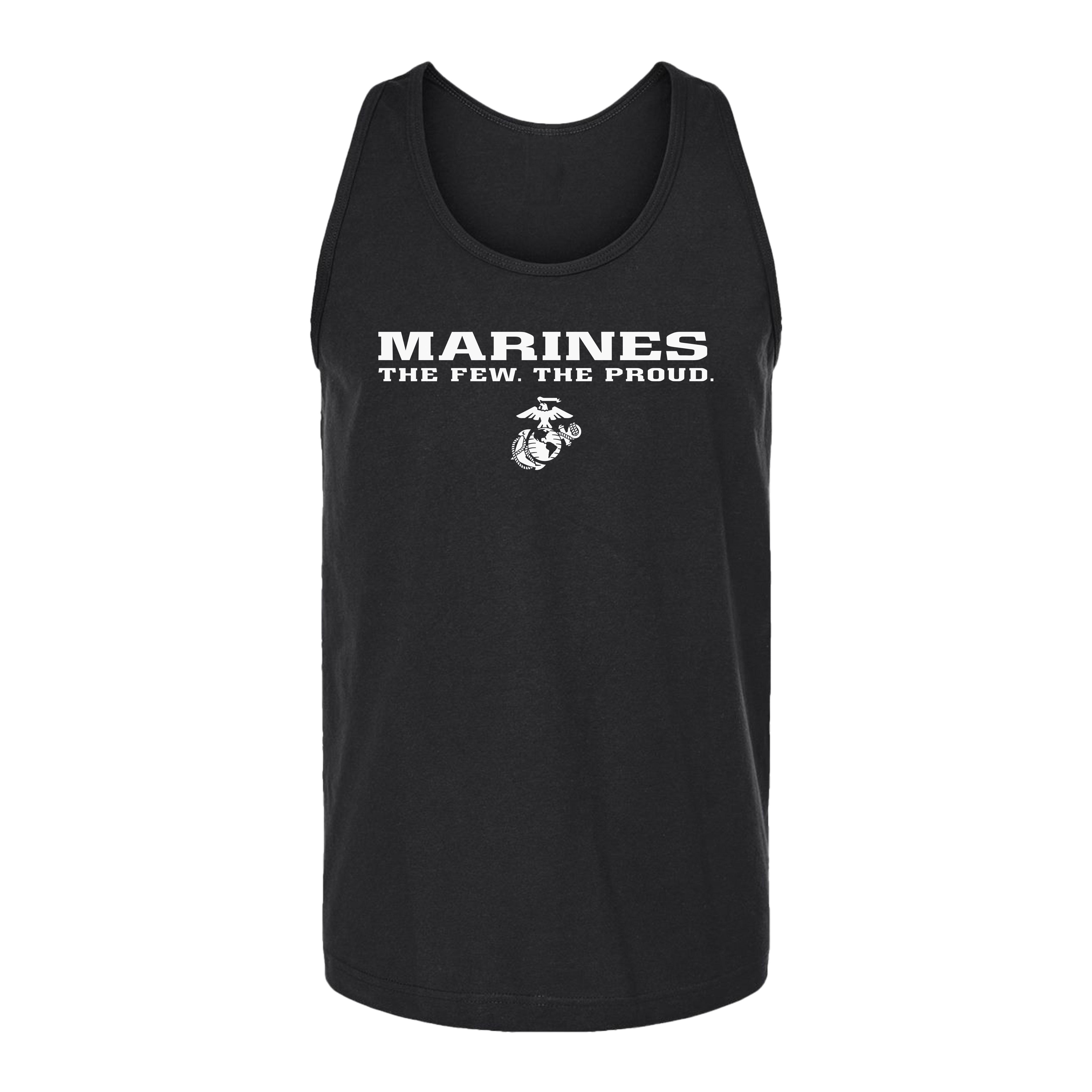 Black Marines tank top featuring white “MARINES The Few. The Proud.” text and Eagle, Globe, and Anchor emblem on the chest.