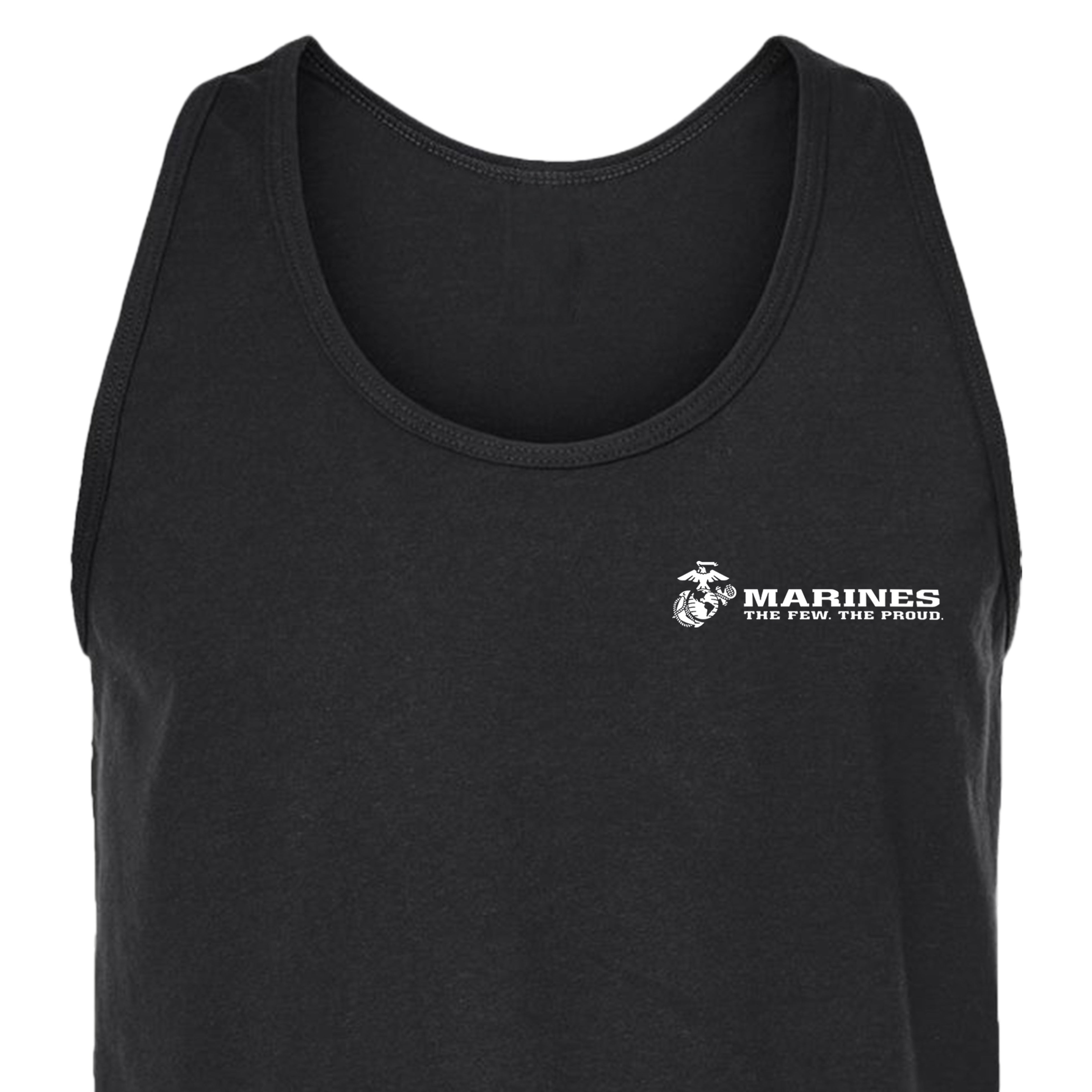 Black Marines tank top featuring white Eagle, Globe, and Anchor with “MARINES The Few. The Proud.” text.