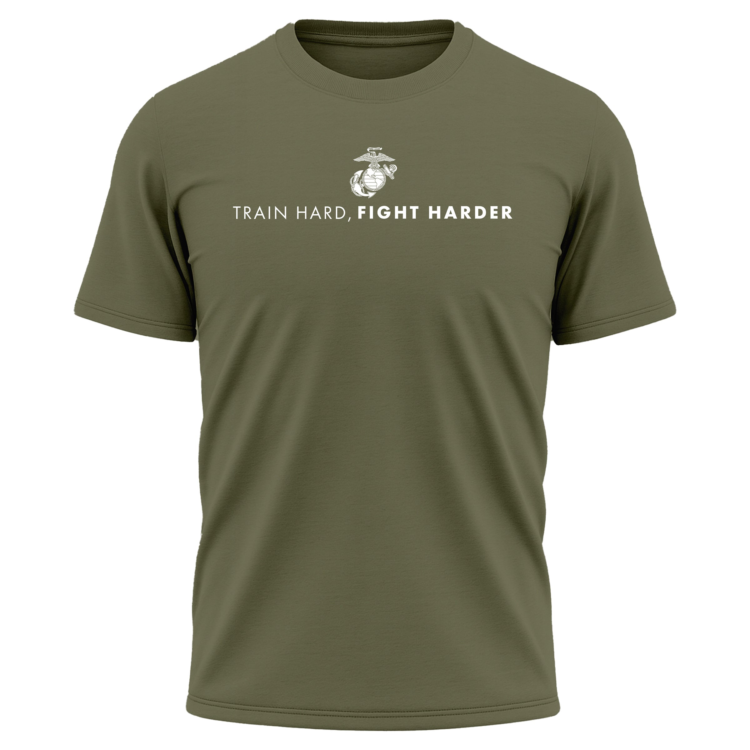 Green USMC Performance t-shirt with white EGA emblem and bold military quote 'Train Hard, Fight Harder' on chest, Marine Corps motivational workout shirt.