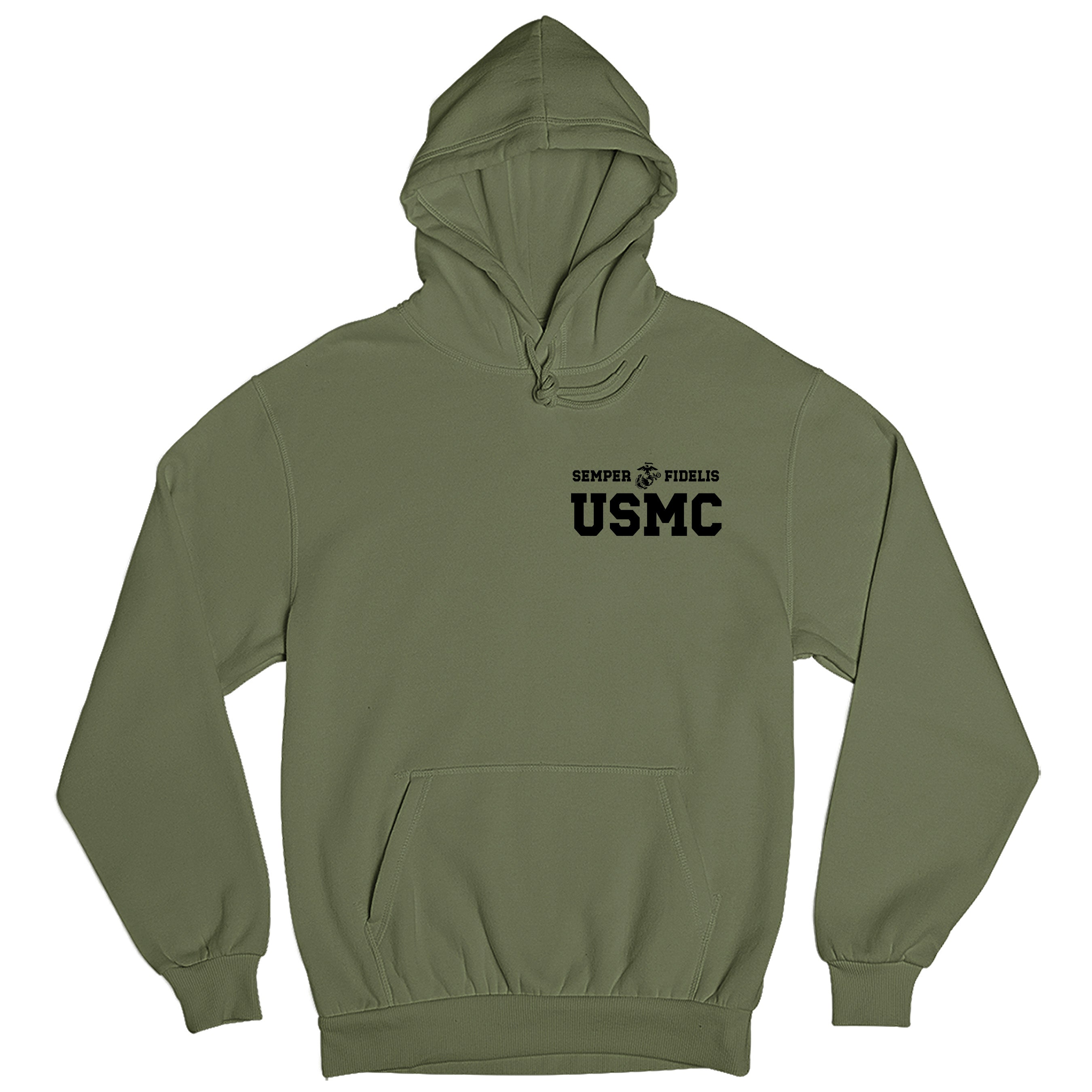 Green USMC hoodie with Semper Fidelis and Eagle Globe Anchor design