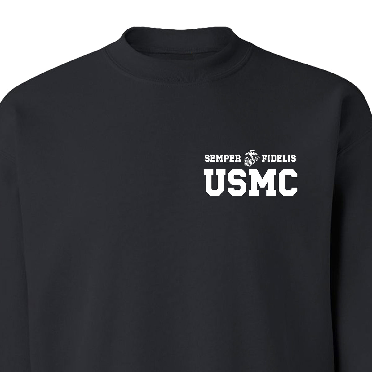 Black USMC sweatshirt with Semper Fidelis and Eagle Globe Anchor design