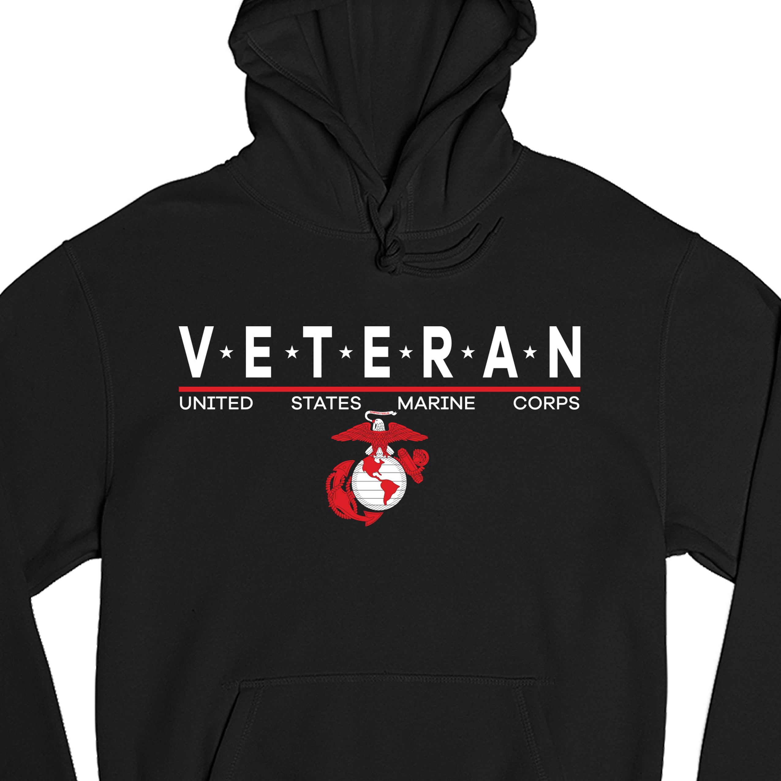 Black USMC Veteran Hoodie with star-accented ‘VETERAN’ text and Eagle, Globe and Anchor emblem.